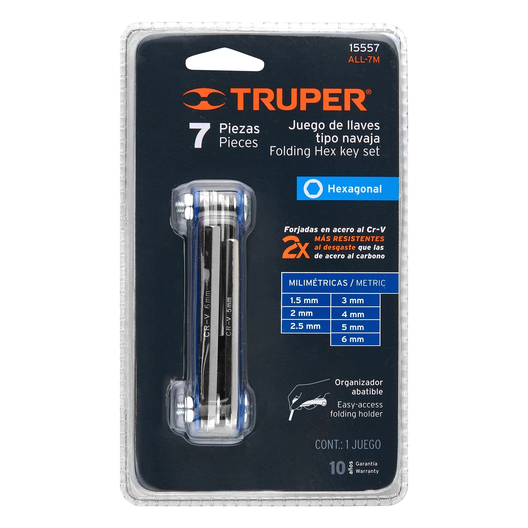 Juego de 7 llaves allen mm tipo navaja, cuerpo de lámina, Truper - 15557