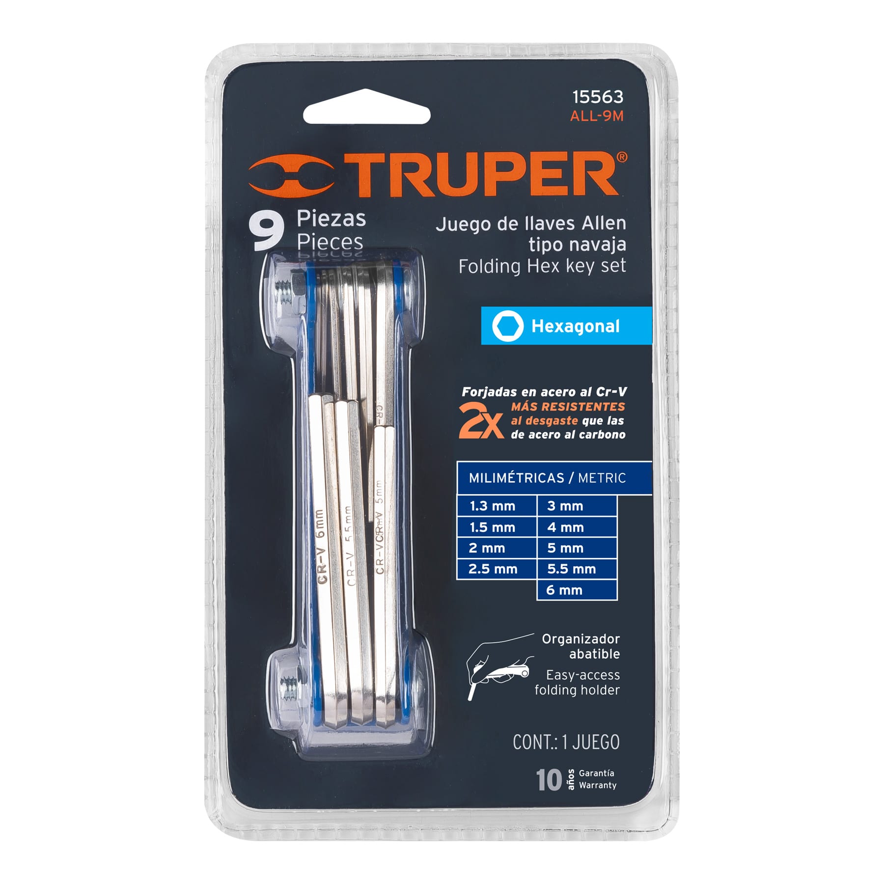 Juego de 9 llaves allen mm tipo navaja, cuerpo de lámina - 15563