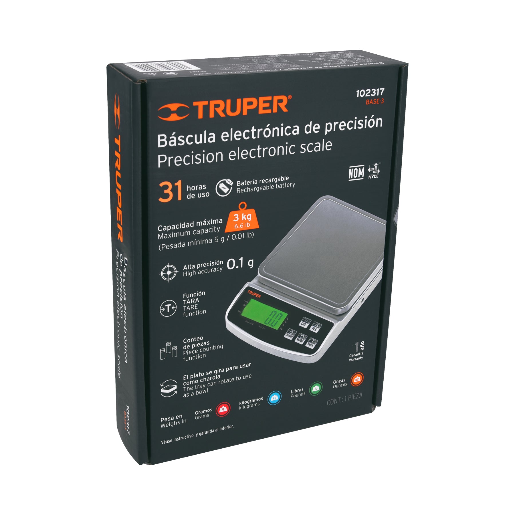 Báscula electrónica de precisión, recargable, 3 kg, Truper - 102317