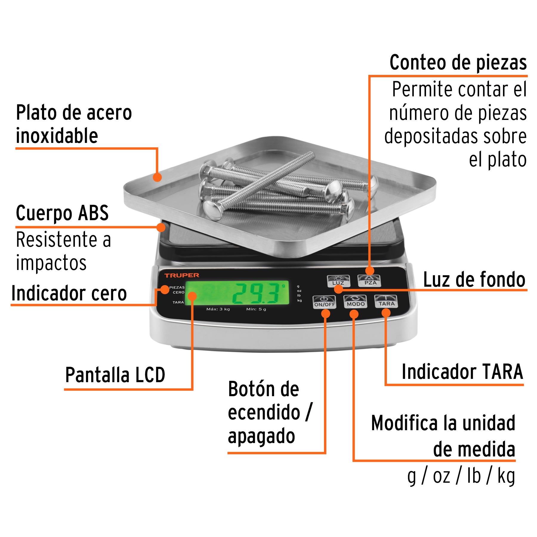 Báscula electrónica de precisión, recargable, 3 kg, Truper - 102317