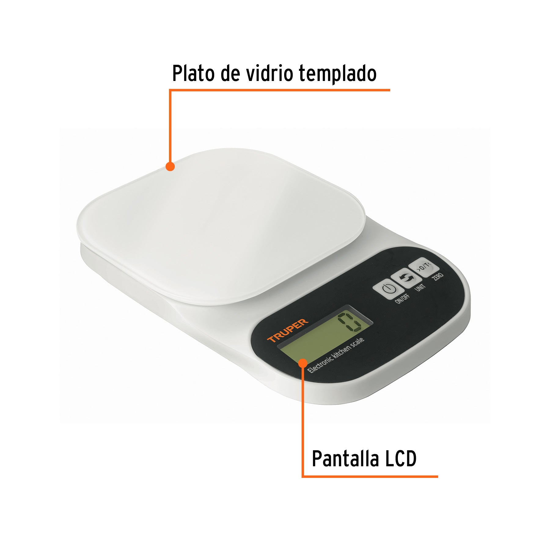 Báscula digital para cocina, plato de vidrio, 5 kg, Truper - 15160