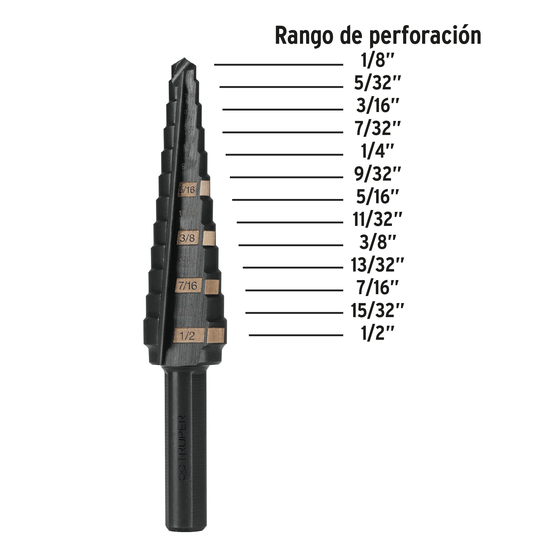 Broca escalonada óxido negro 13 escalones 1/8" a 1/2”, Truper - 12122