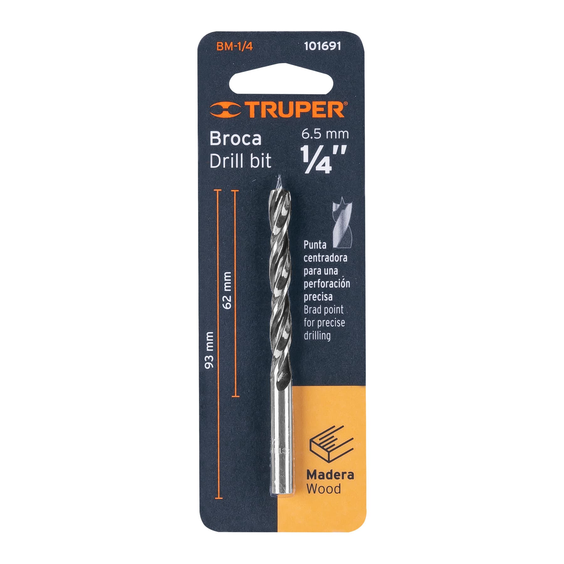 Broca con punta centradora para madera 1/4", Truper - 101691