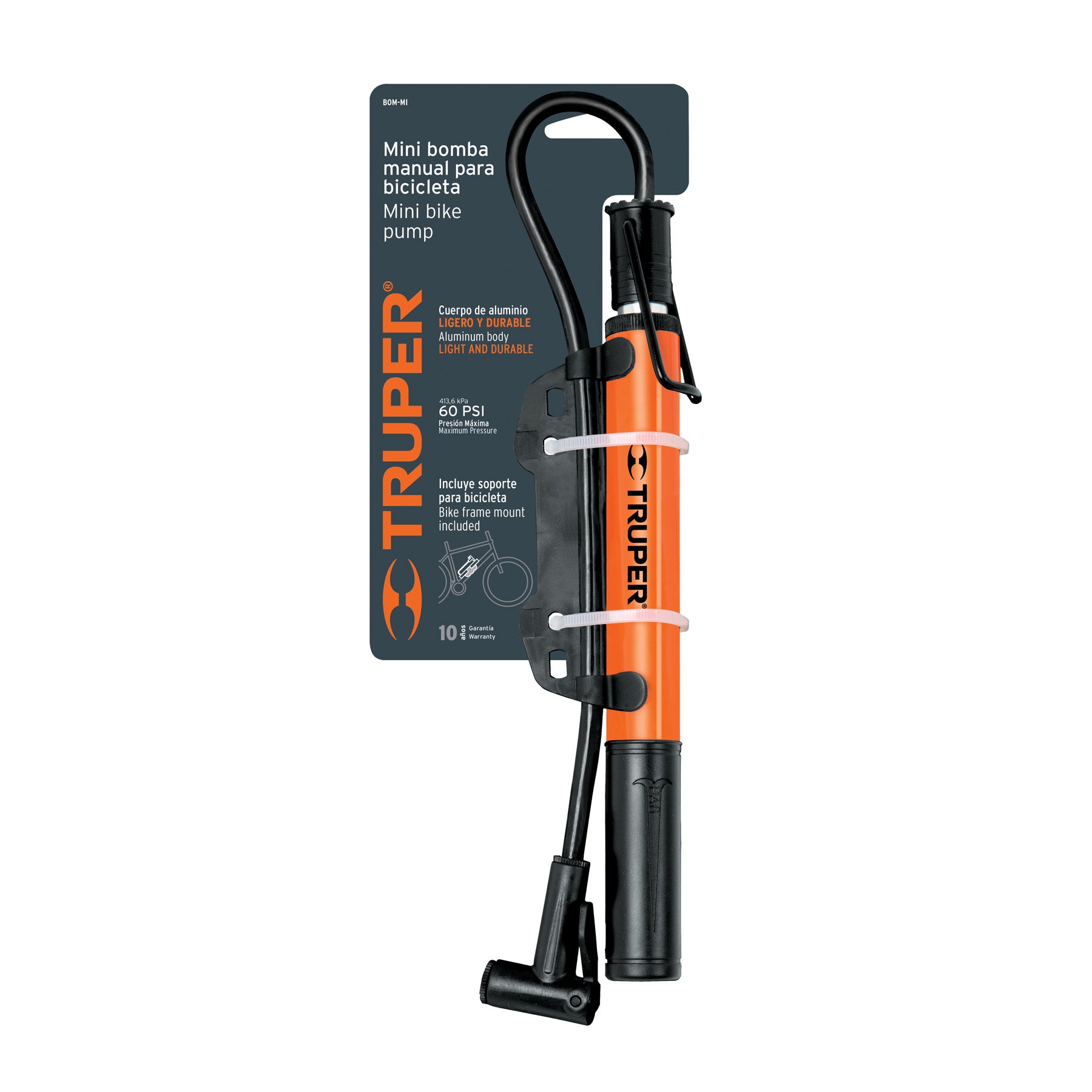 Mini bomba manual para bicicleta, 60 PSI, Truper - 13790