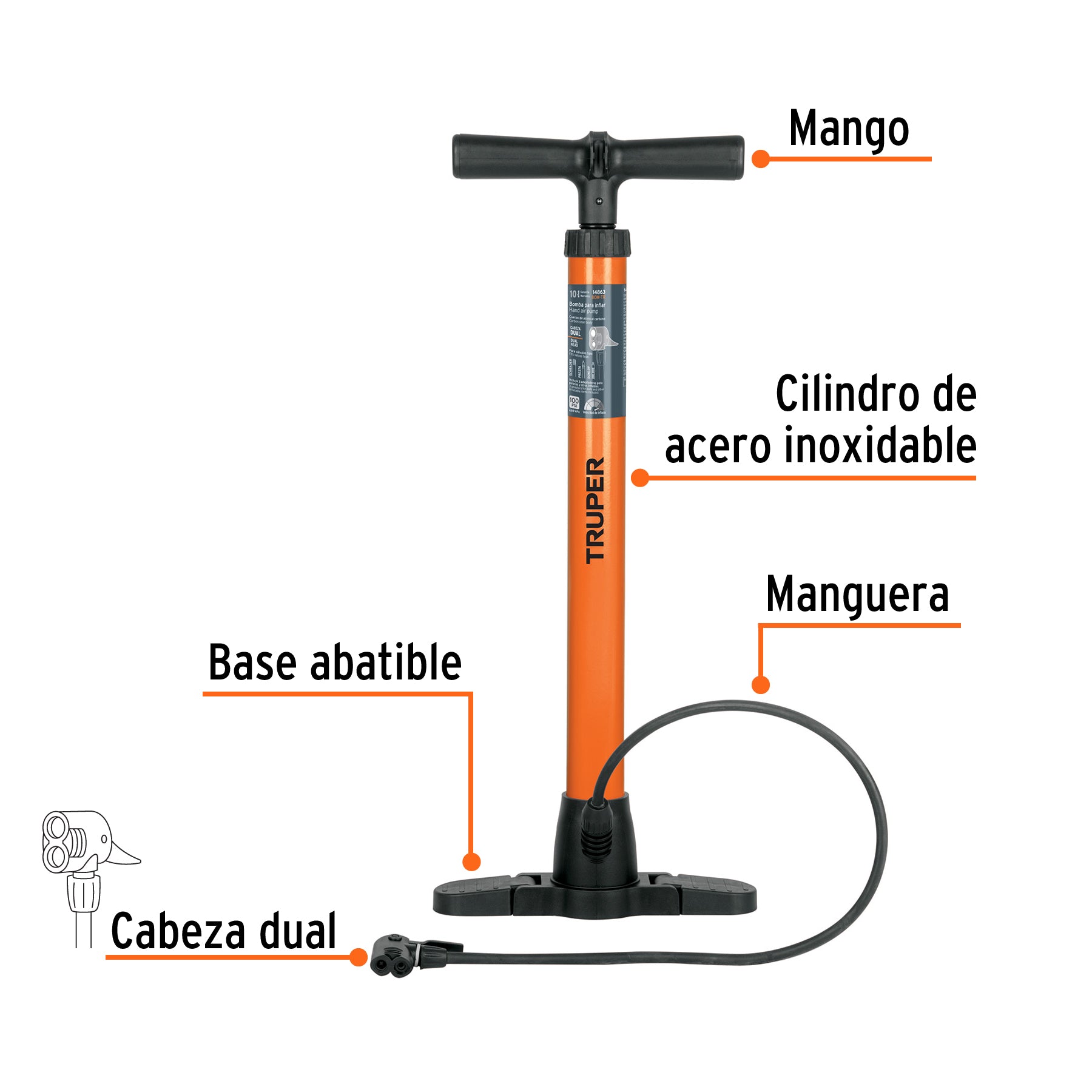 Inflador manual de acero, 100 PSI, Truper - 14863