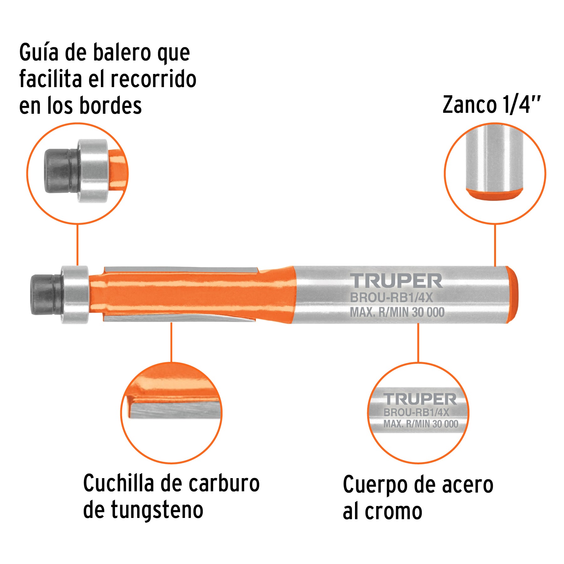 Broca para router, corte recto, 1/4' con balero, Truper - 102720