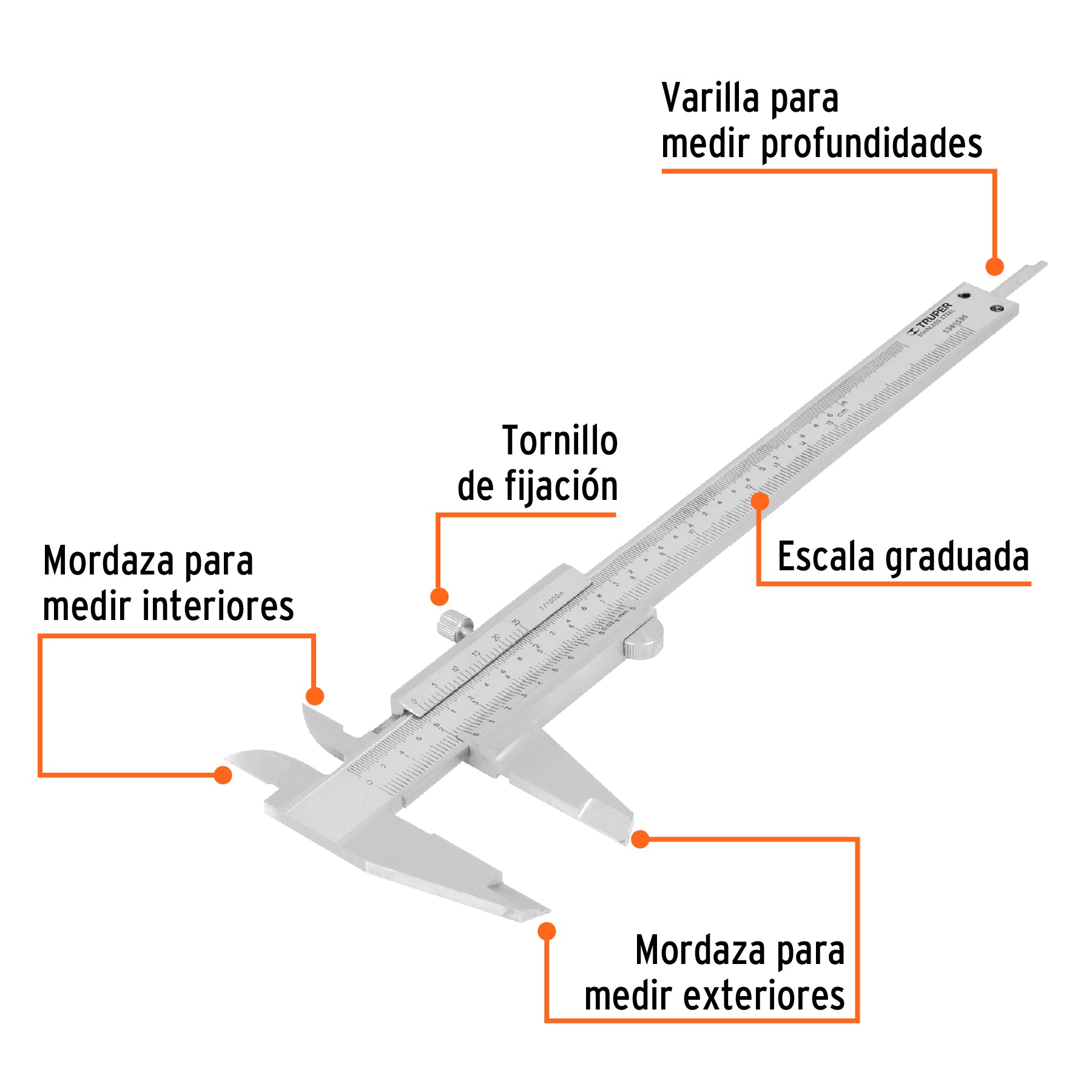 Calibrador (pie de rey) analógico 6" acero inox, std y mm, Truper - 14394
