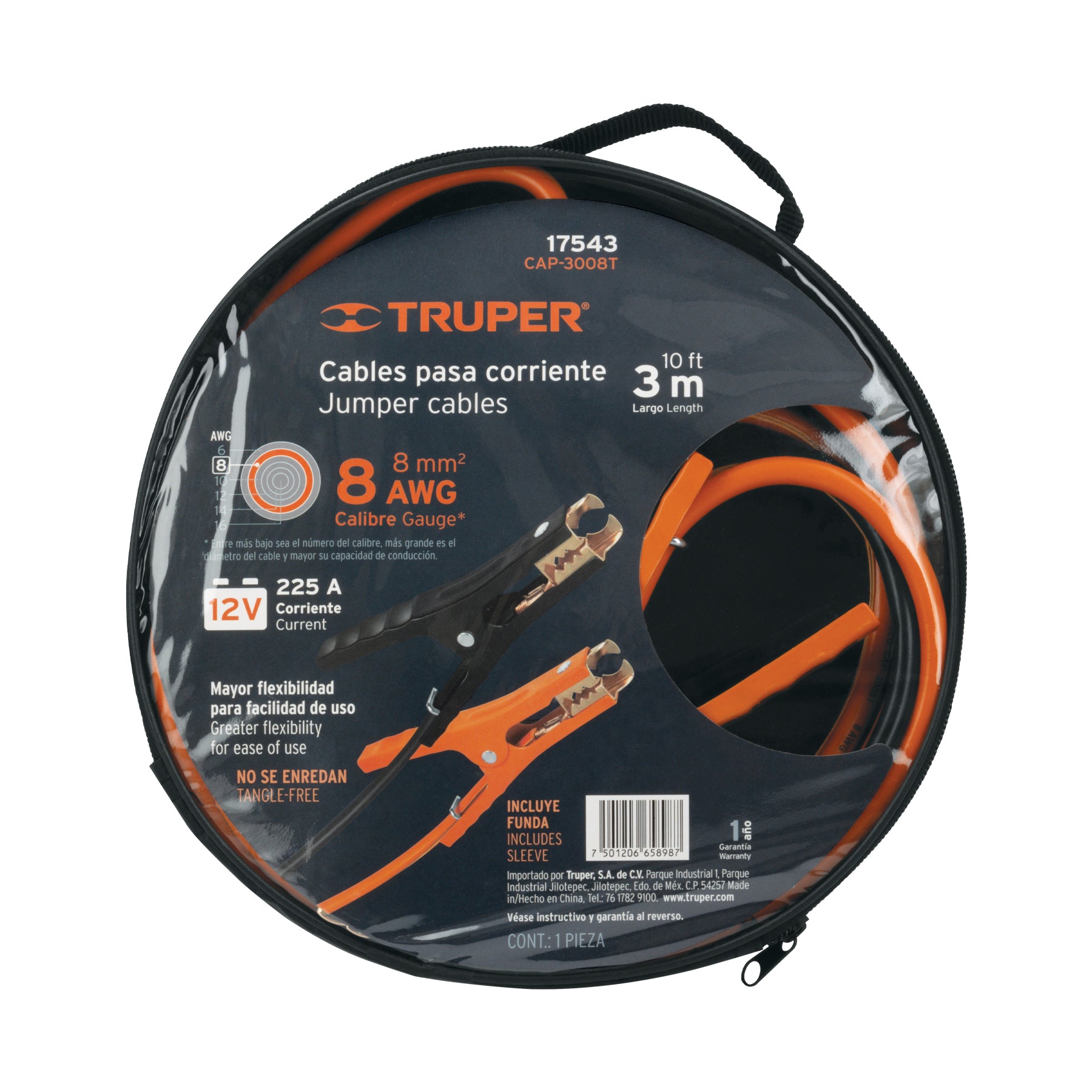 Cables pasa corriente 3 m, 225 A, 8 AWG, con funda, Truper - 17543