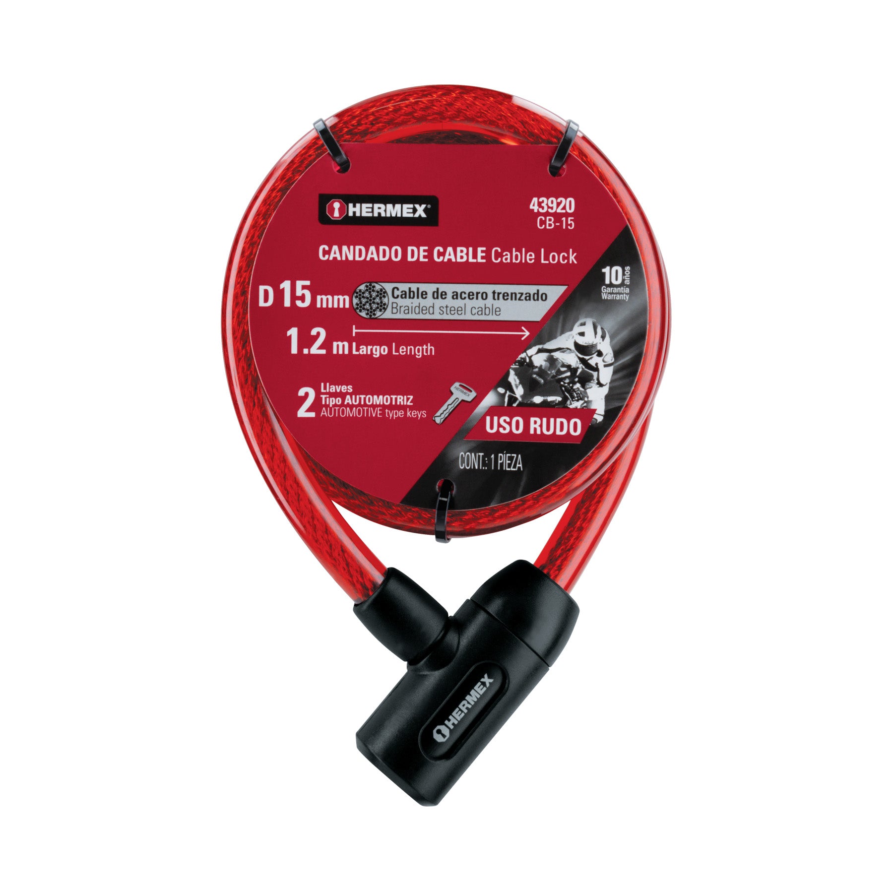 Candado de cable con llave, 15mm X 1.20 m, HERMEX - 43920