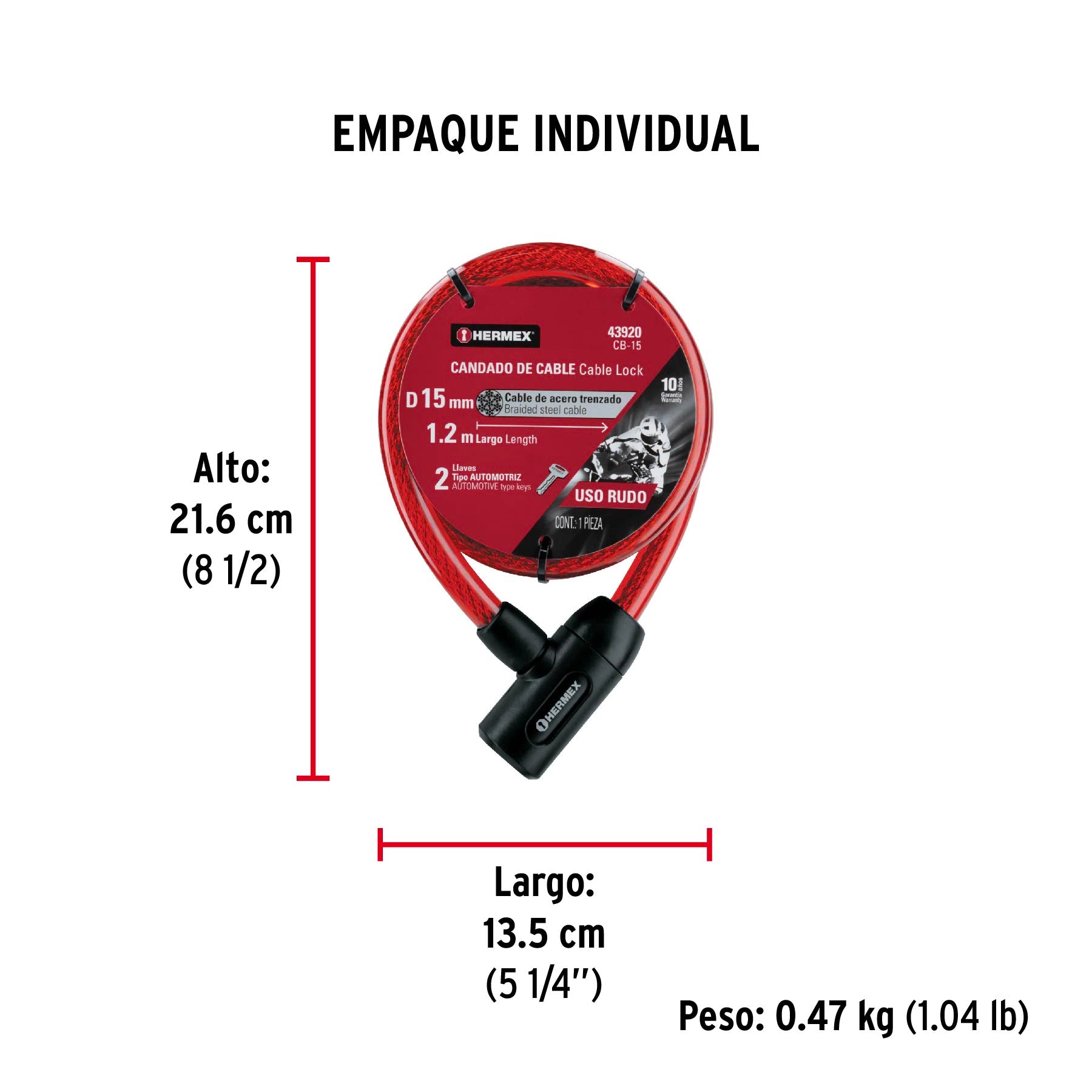 Candado de cable con llave, 15mm X 1.20 m, HERMEX - 43920