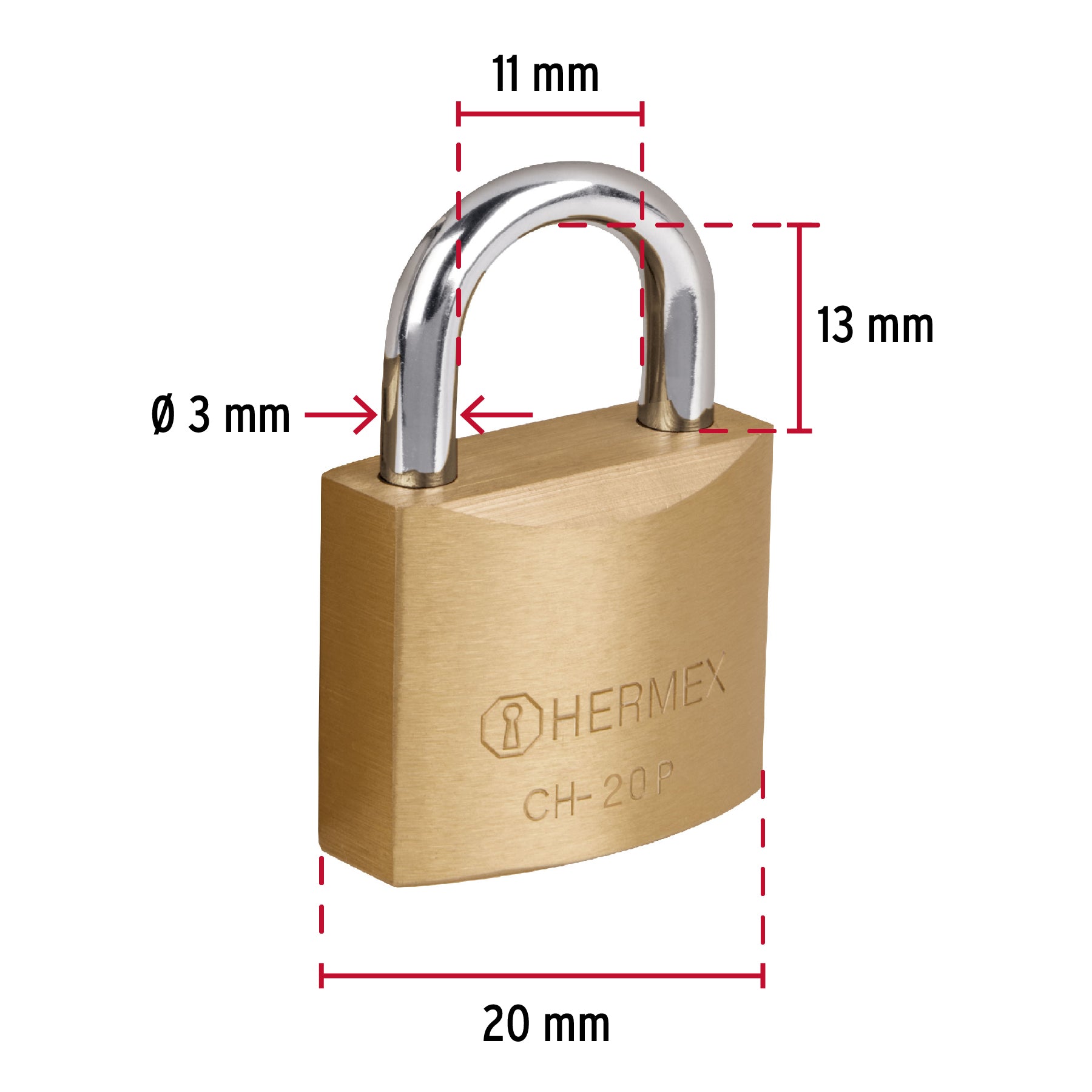 Candado de hierro color latón 20 mm arco normal, caja, Hermex Basic - 22526