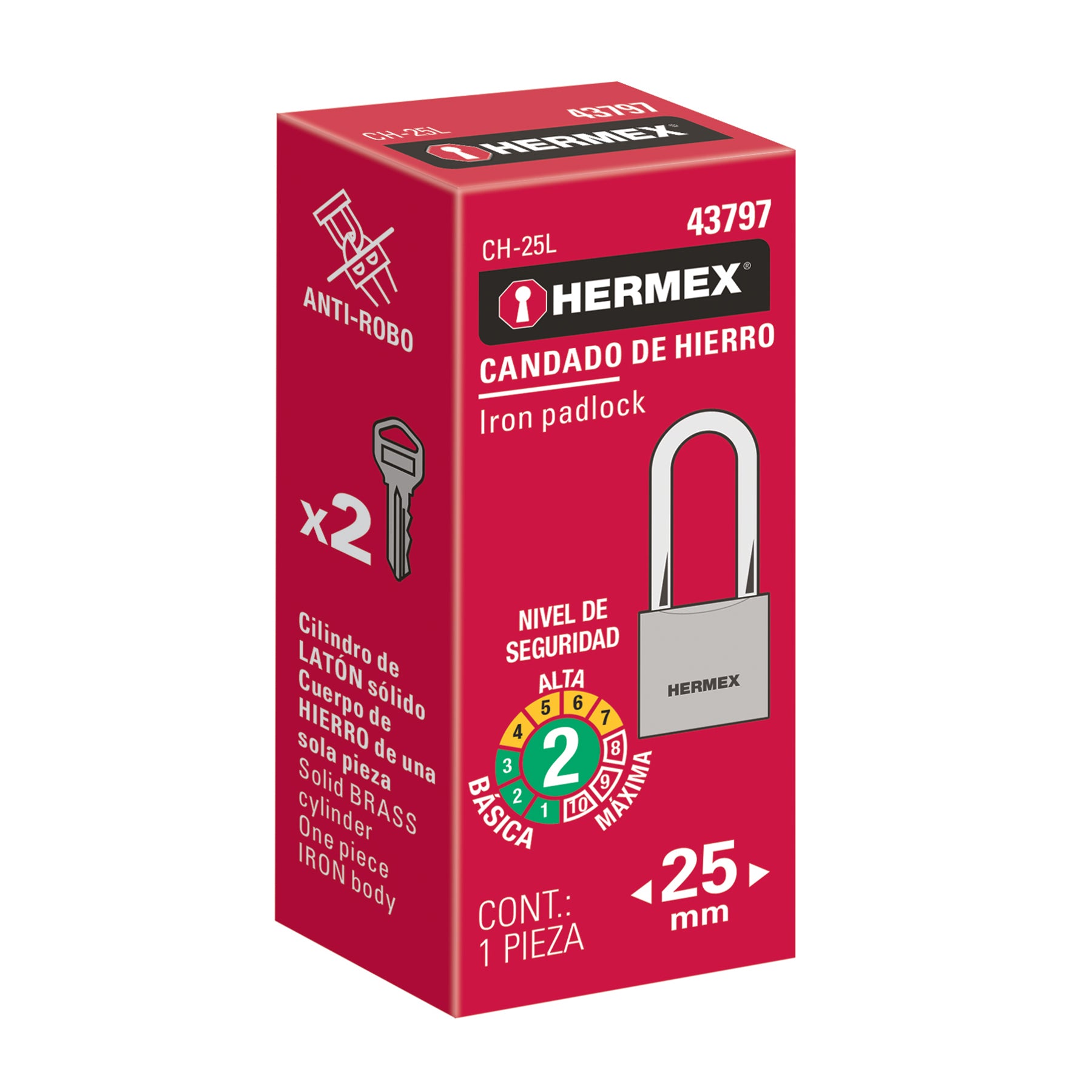 Candado de hierro 25 mm gancho largo en caja, HERMEX - 43797