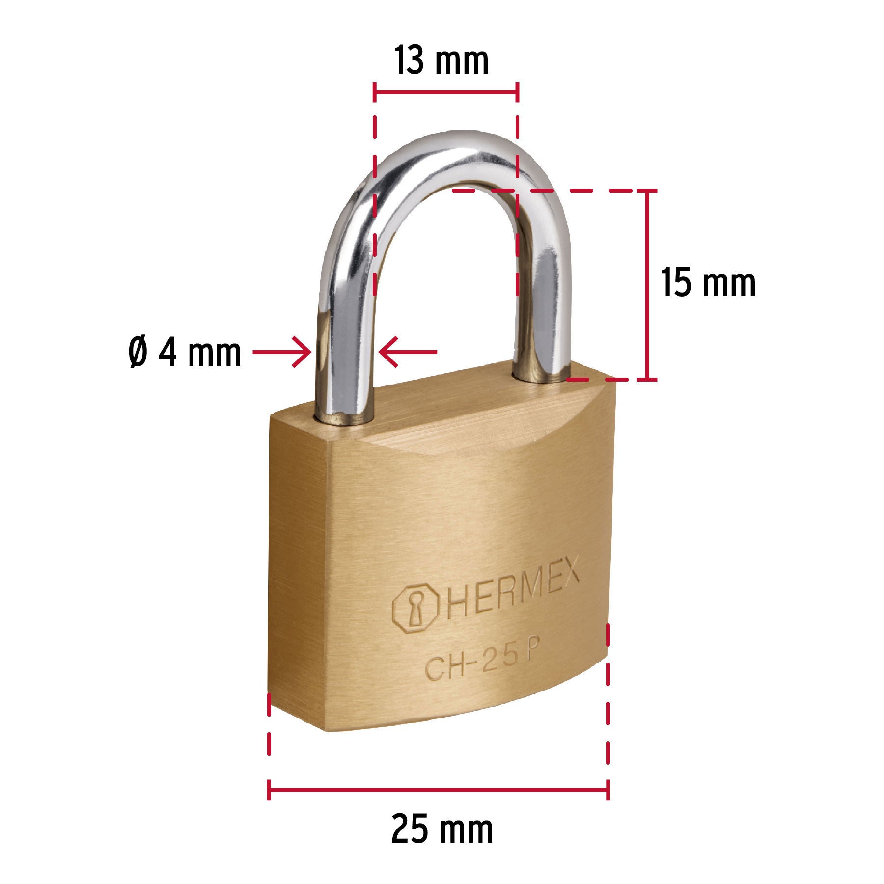 Candado de hierro color latón 25 mm arco normal, caja, Hermex Basic - 22528