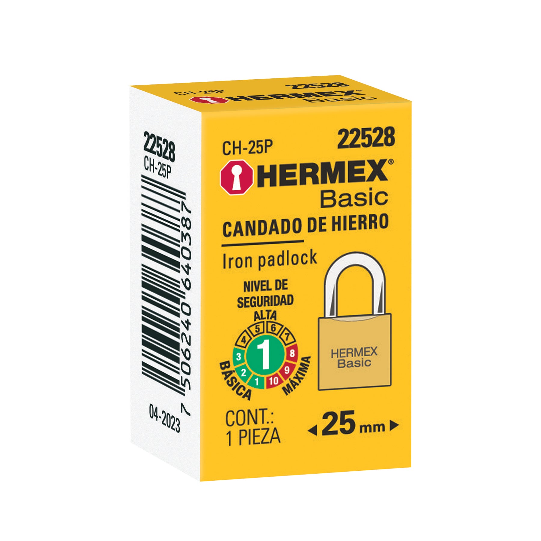Candado de hierro color latón 25 mm arco normal, caja, Hermex Basic - 22528