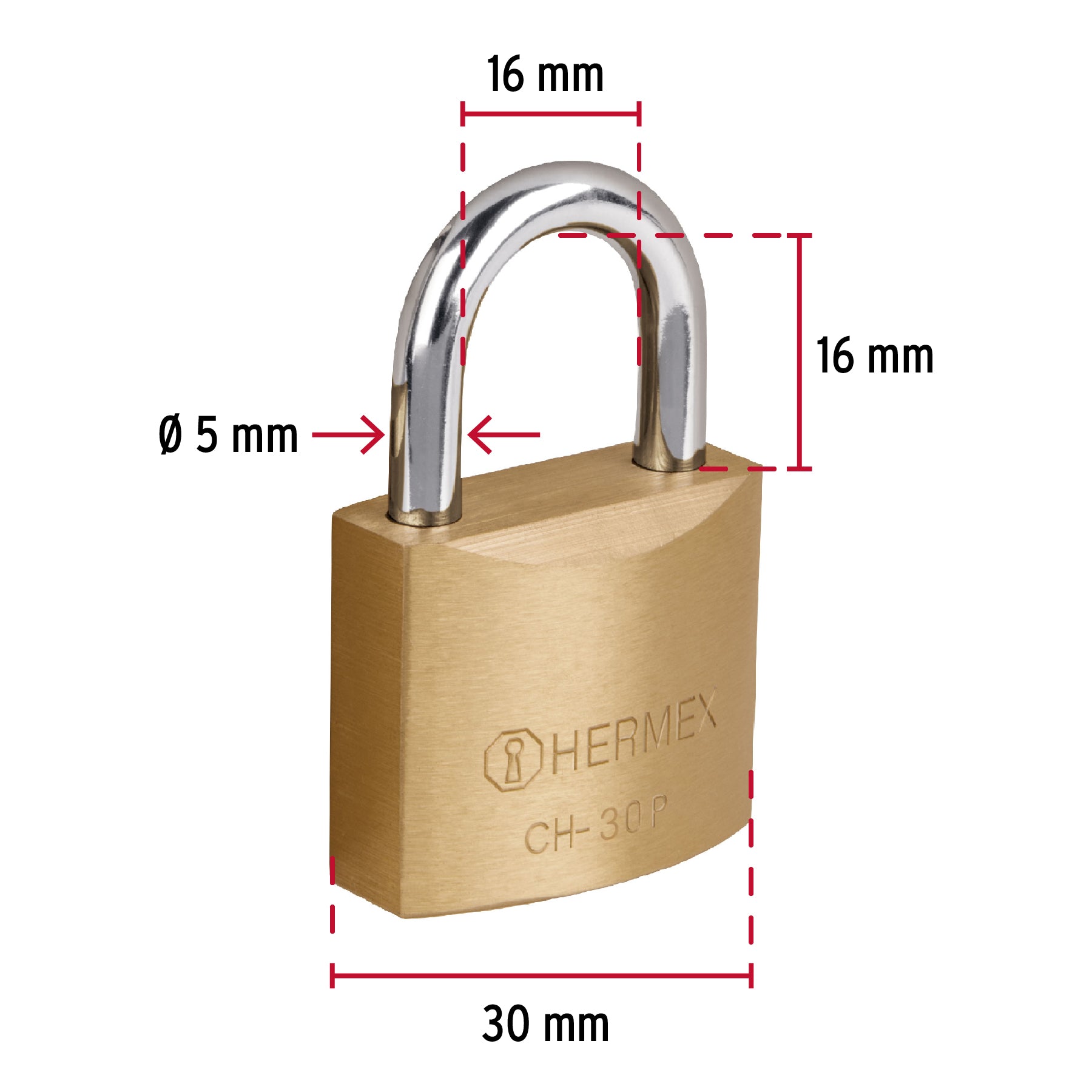 Candado de hierro color latón 30 mm arco normal, caja, Hermex Basic - 23522