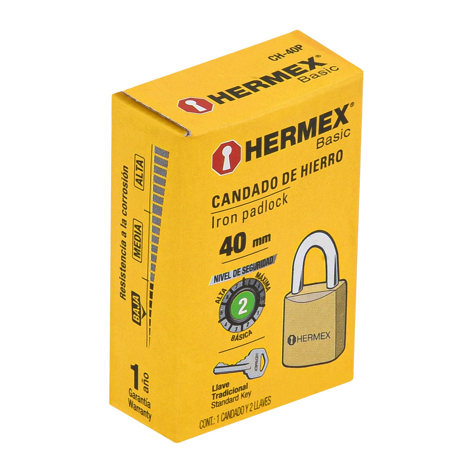 Candado de hierro color latón 40 mm arco normal, caja, Basic -23518