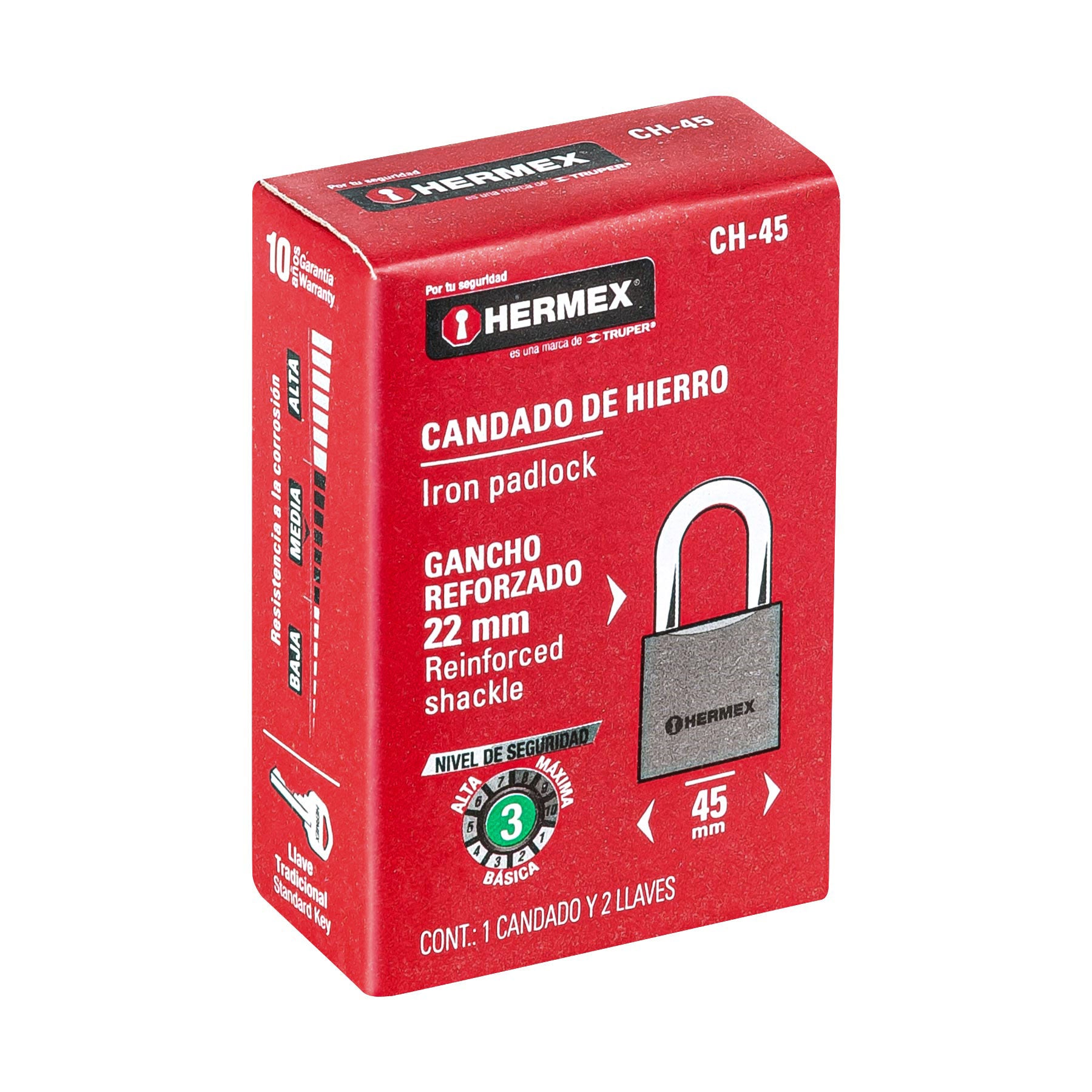Candado de hierro 45 mm gancho corto en caja, HERMEX - 43316