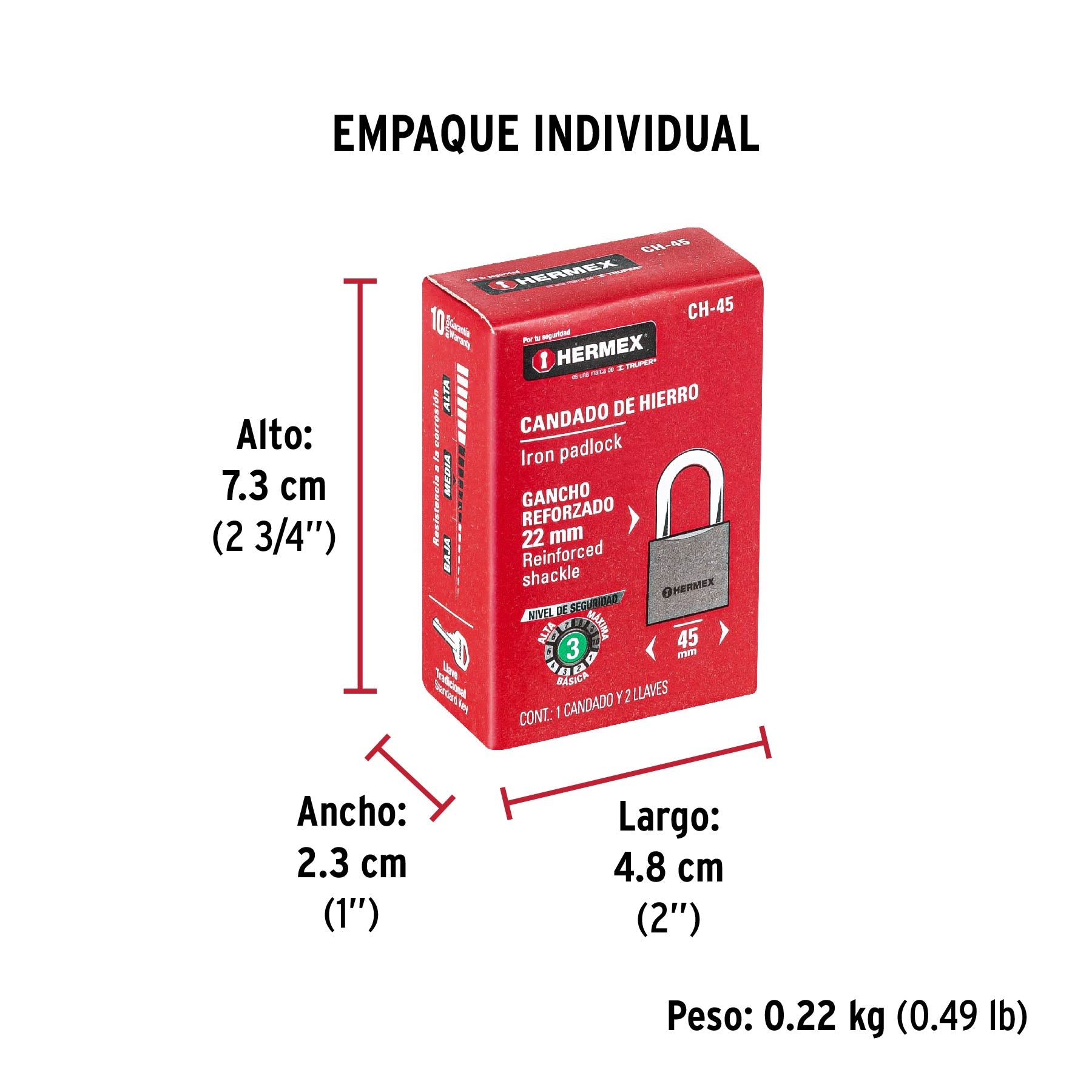 Candado de hierro 45 mm gancho corto en caja, HERMEX - 43316