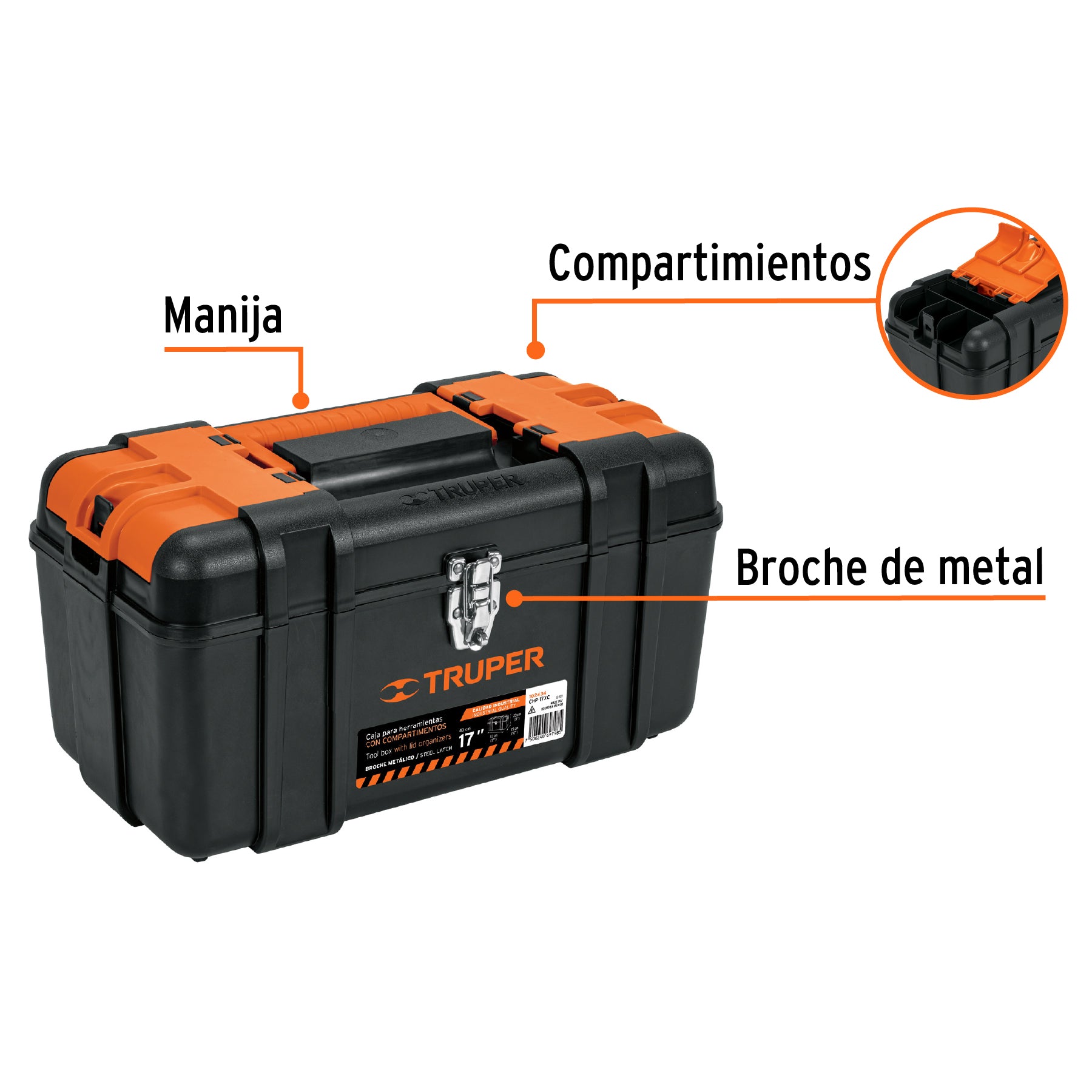 Caja p/herramienta 17' con compartimentos, broches metálicos - 102434