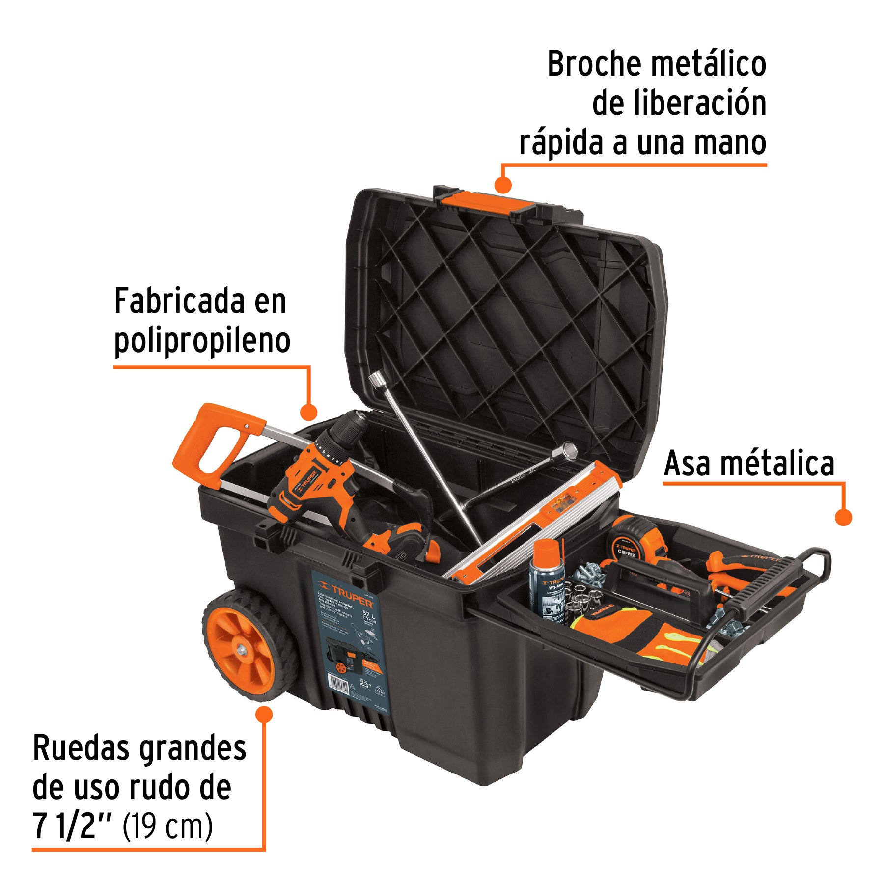 Caja para herramienta de 23" con ruedas y mango telescópico, Truper - 10902