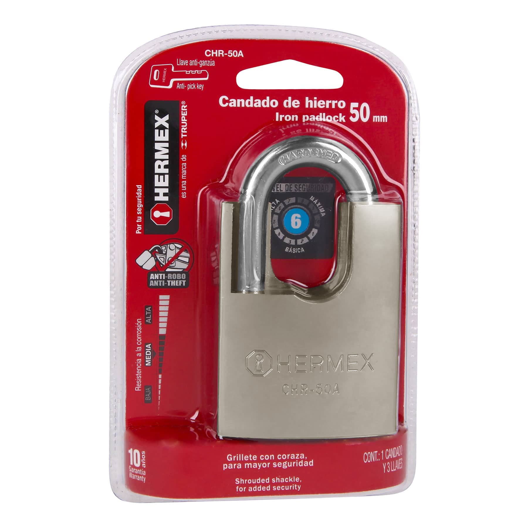 Candado de hierro 50 mm con coraza, llave anti-ganzúa Hermex - 43313