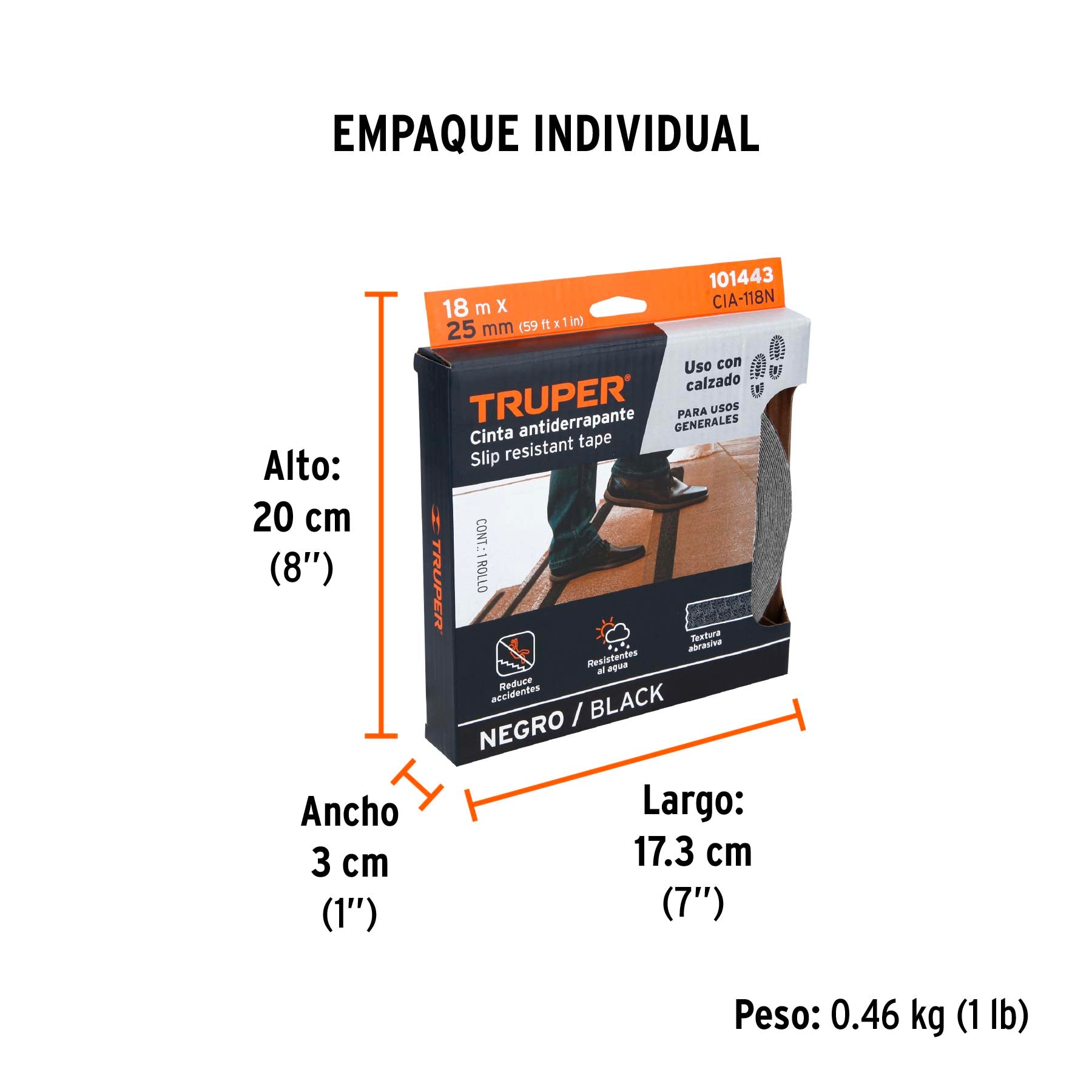 Rollo de 18m de cinta antiderrapante negra 25mm con abrasivo Truper - 101443
