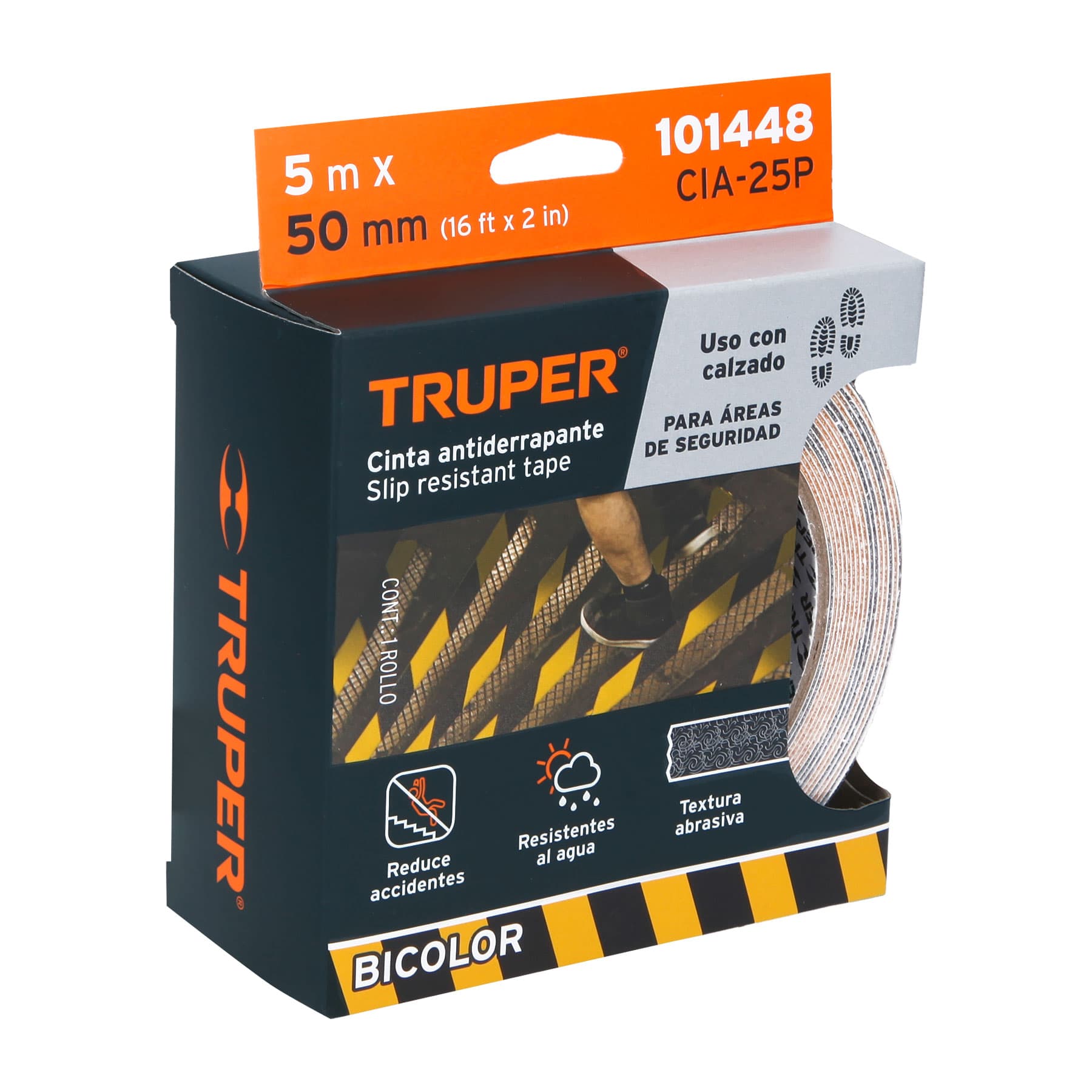 Cinta antiderrapante amarillo y Negro 50mmx5m Truper, 101448