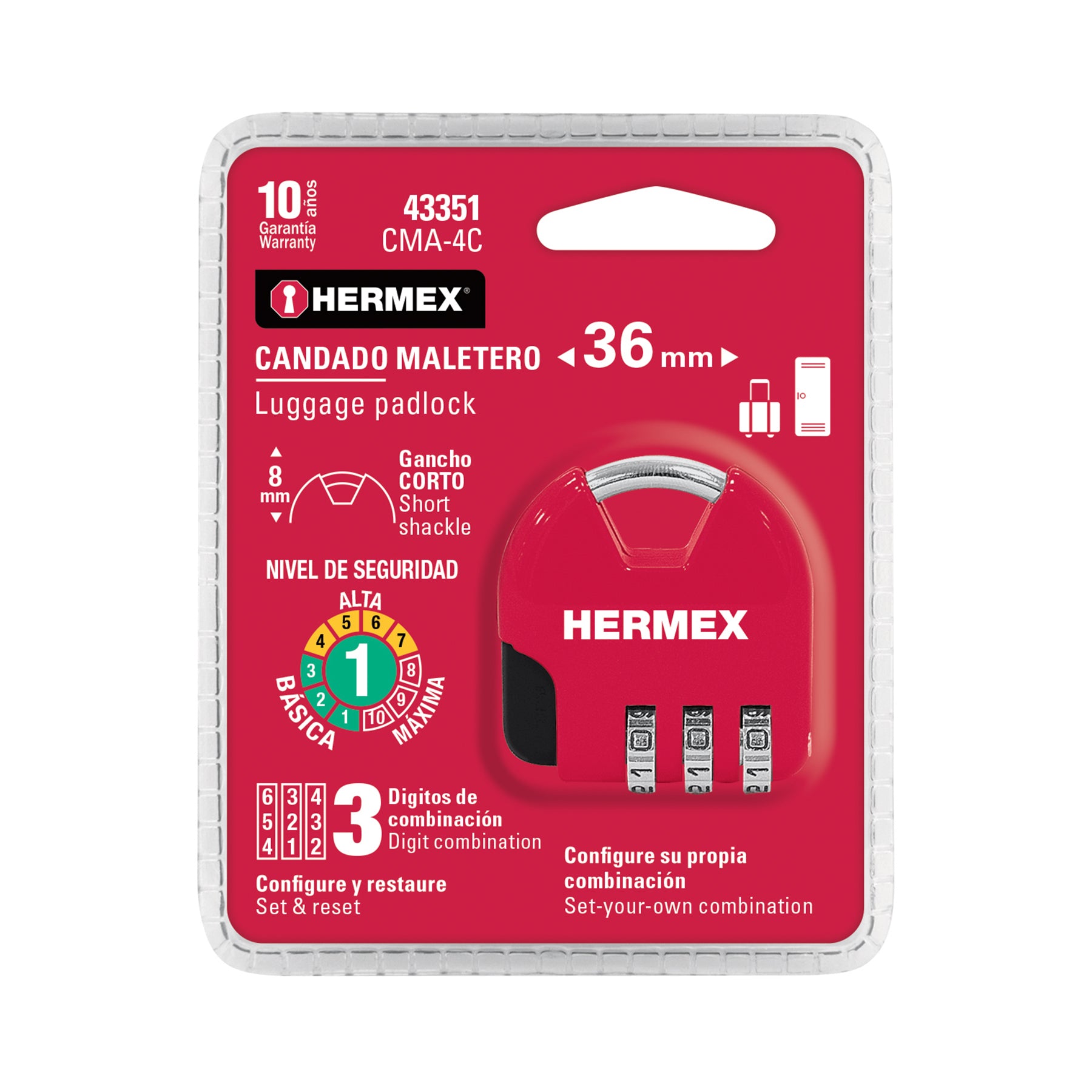Candado maletero de combinación 36 mm, blíster, HERMEX - 43351