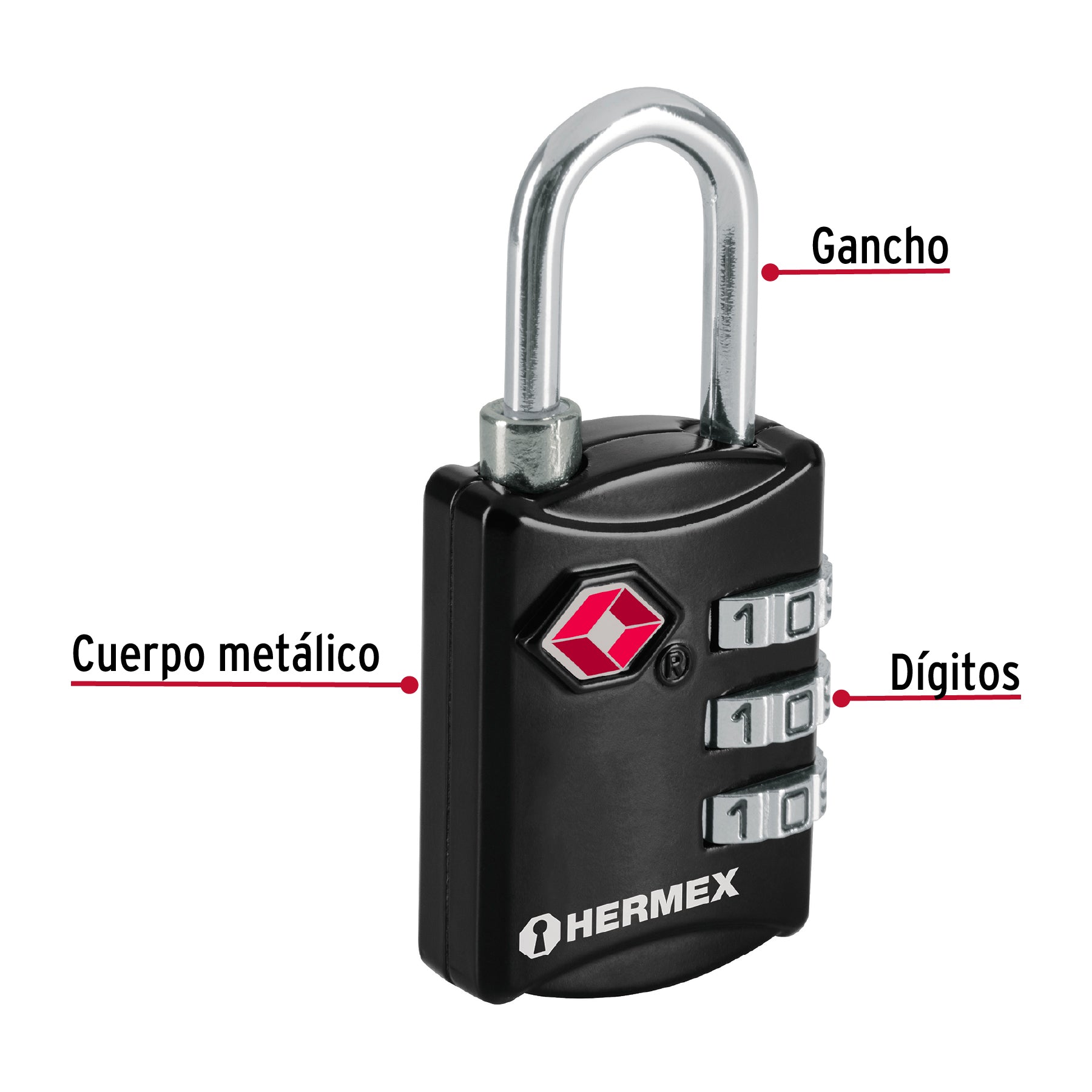 Candado maletero de combinación 27 mm seguridad TSA, blíster Hermex - 46291