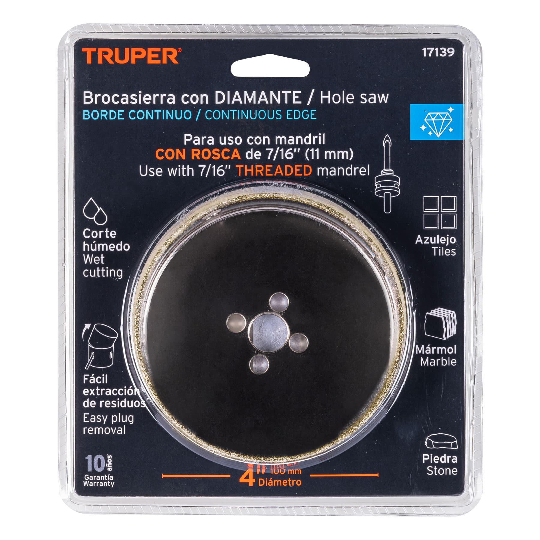Broca sierra diamante 4" borde continuo, Truper 17139