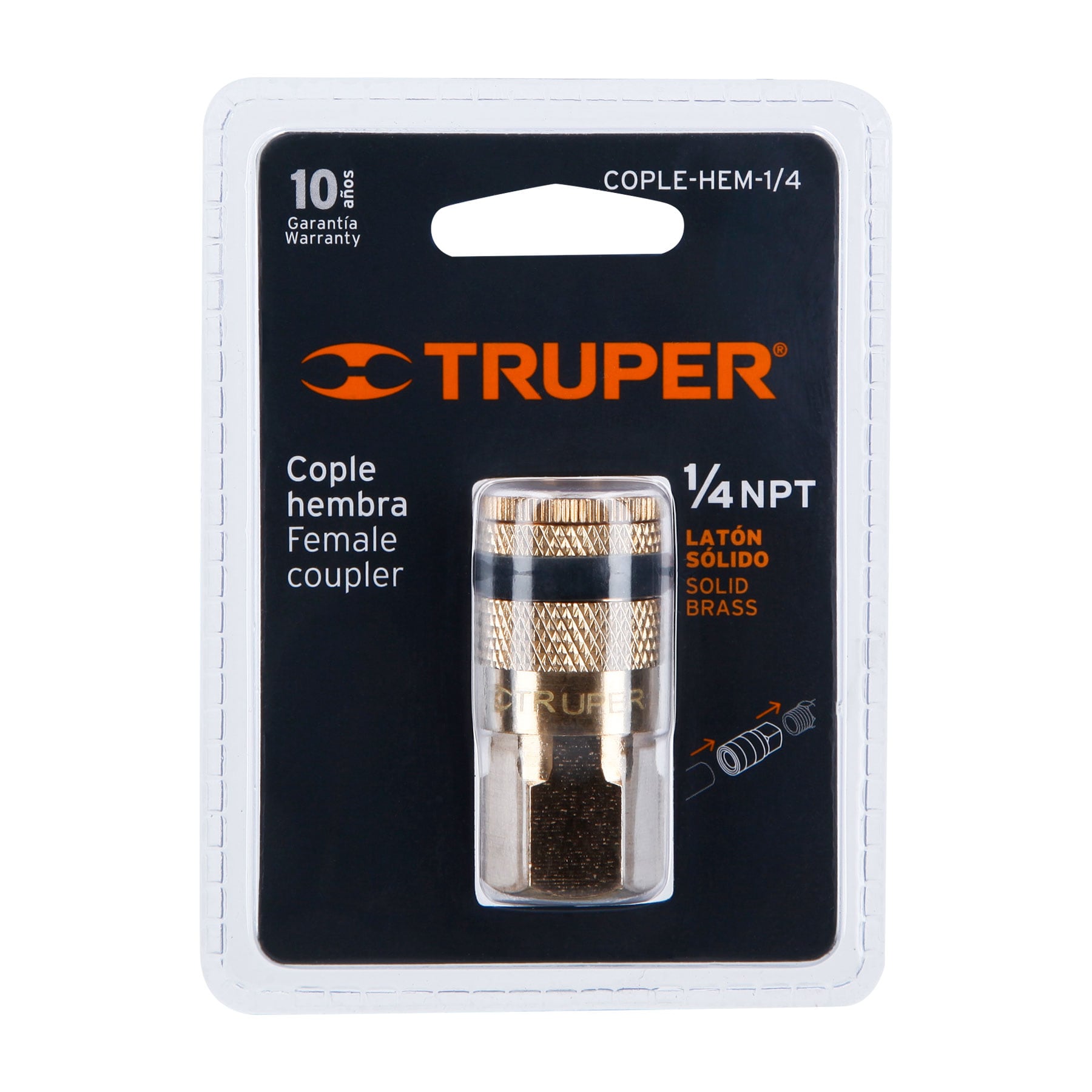 Acople de latón, cuerda 1/4 NPT, hembra, Truper -19084