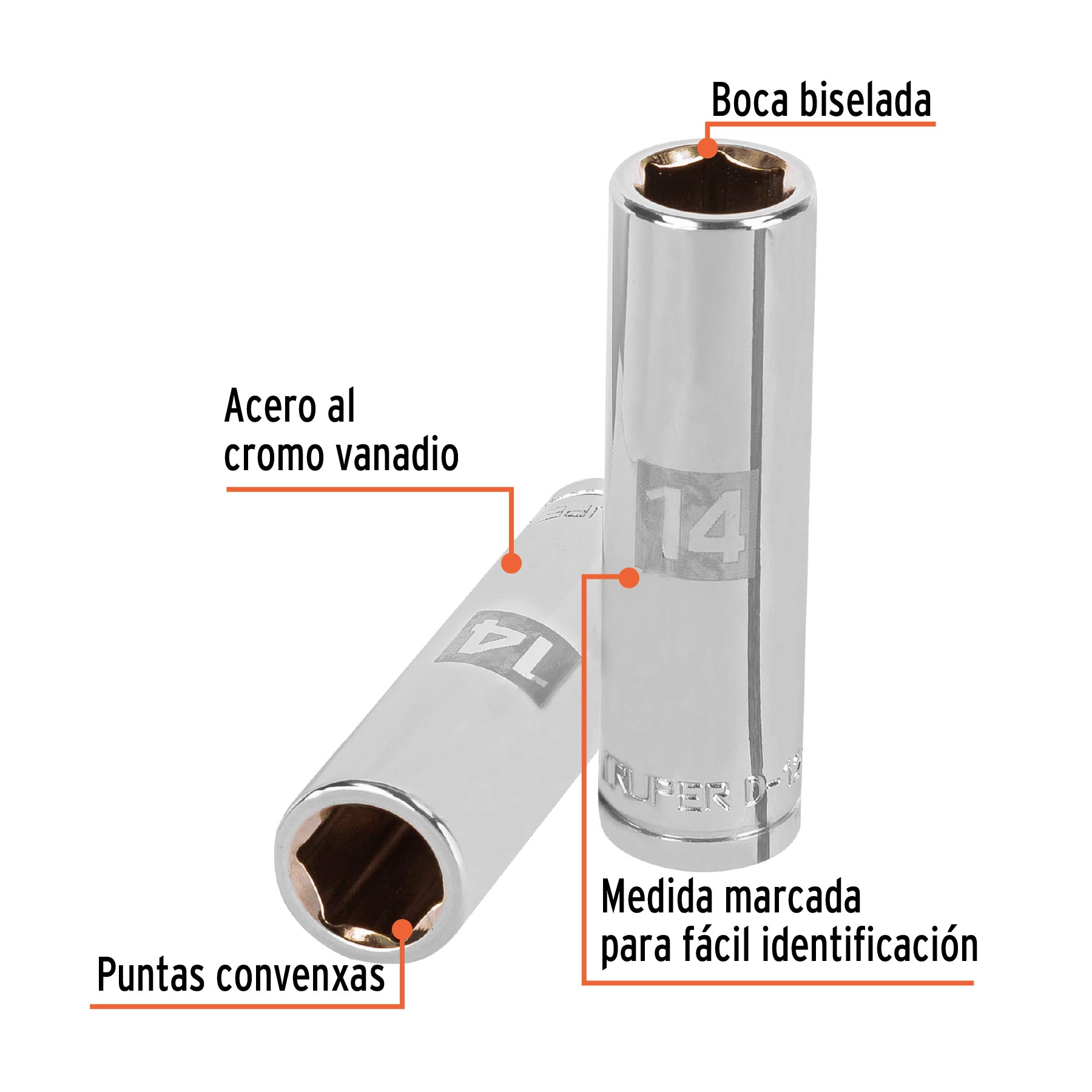 Dado largo de 14 mm, 6 puntas, cuadro 1/2", Truper - 13354