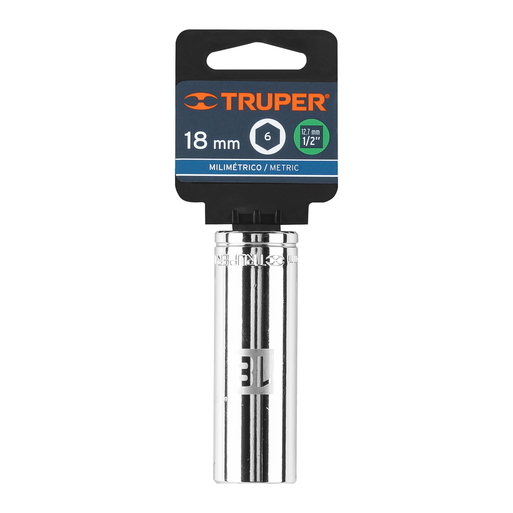 Dado largo de 18 mm, 6 puntas, cuadro 1/2", Truper - 13358