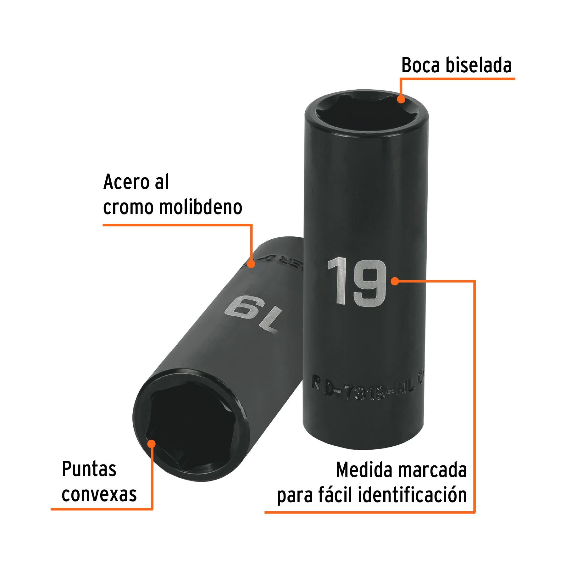 Dado largo cuadro 1/2" de impacto 6 puntas de 19 mm, Truper - 12431