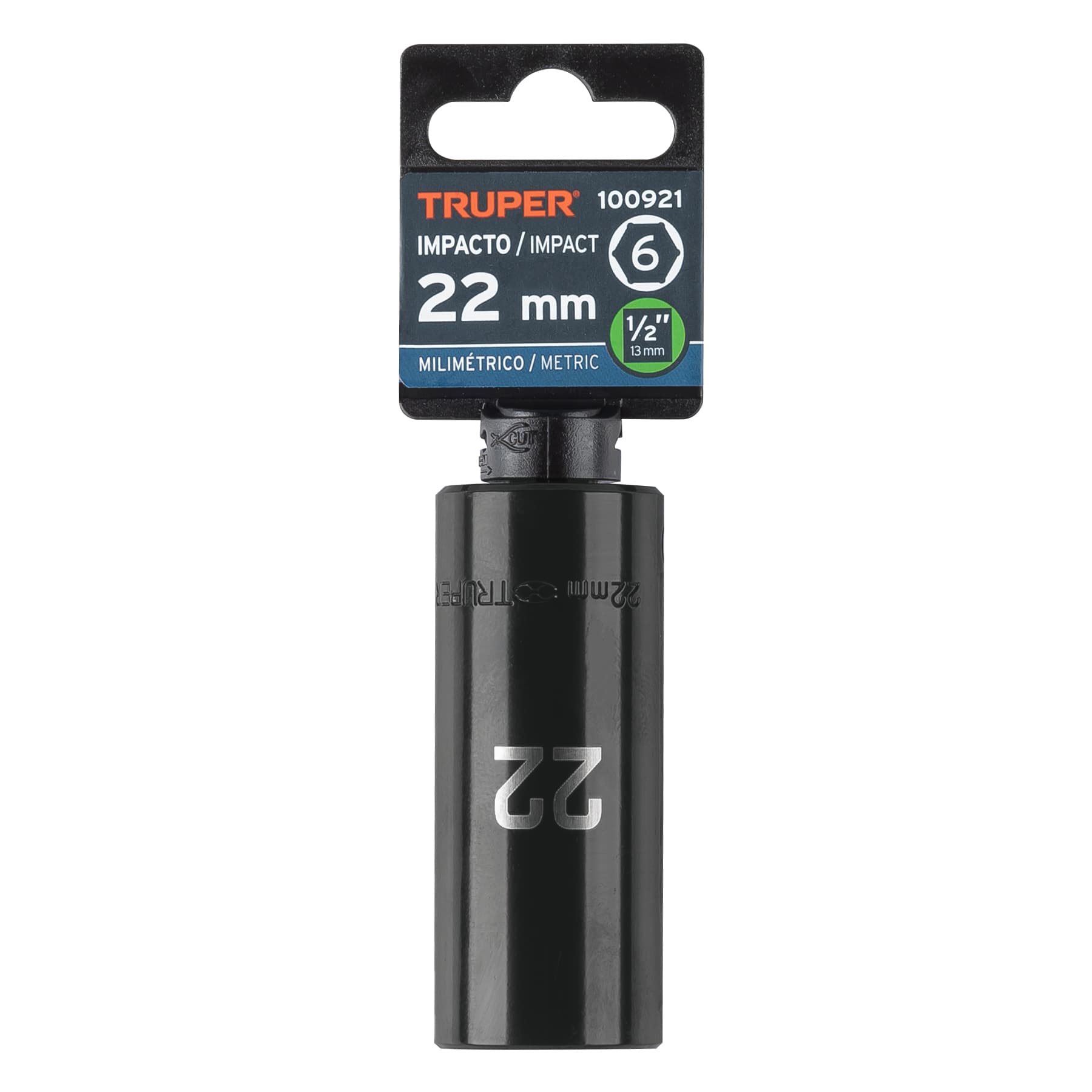 Dado largo impacto de 22 mm, 6 puntas, cuadro 1/2", Truper - 100921