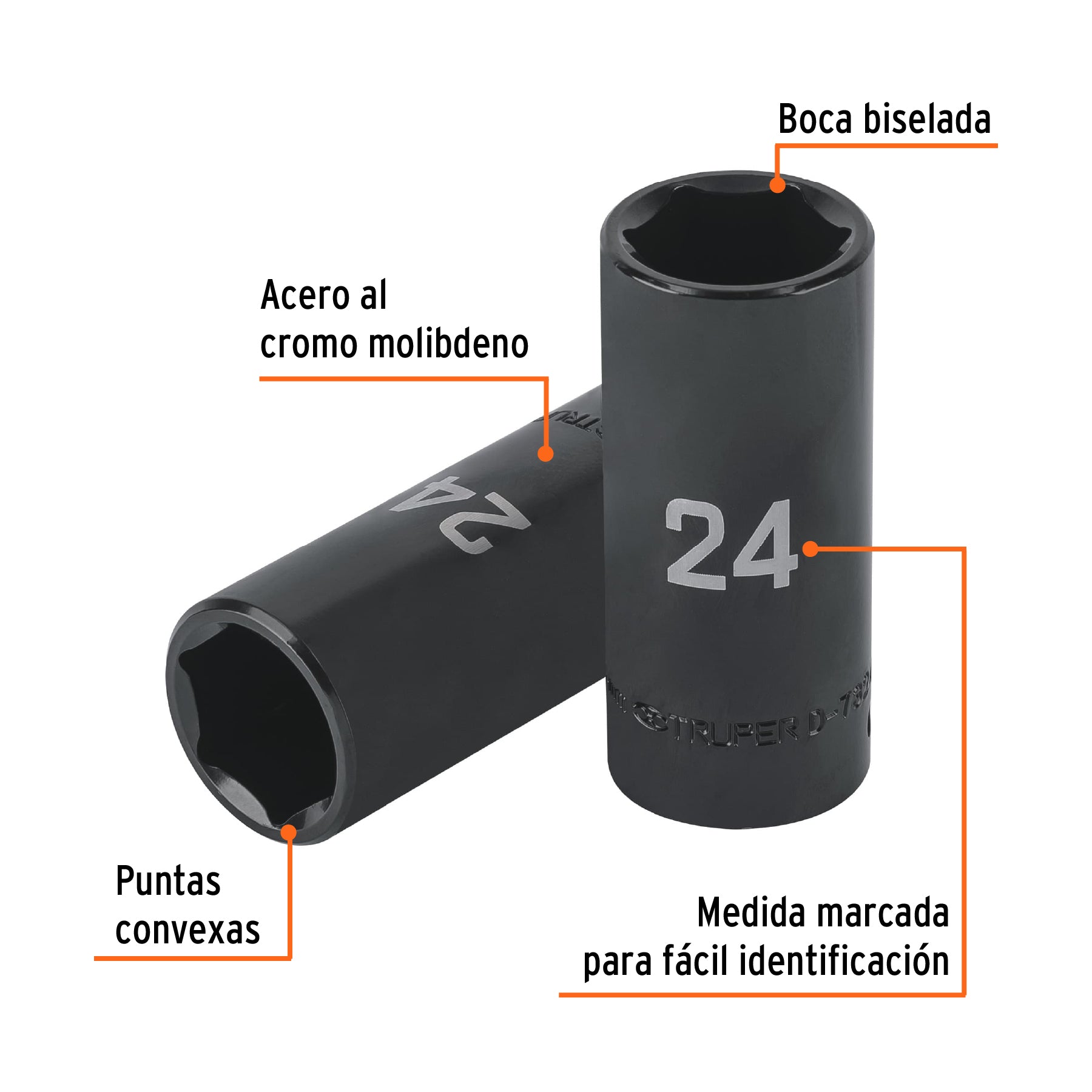 Dado largo impacto de 24 mm, 6 puntas, cuadro 1/2", Truper - 100923