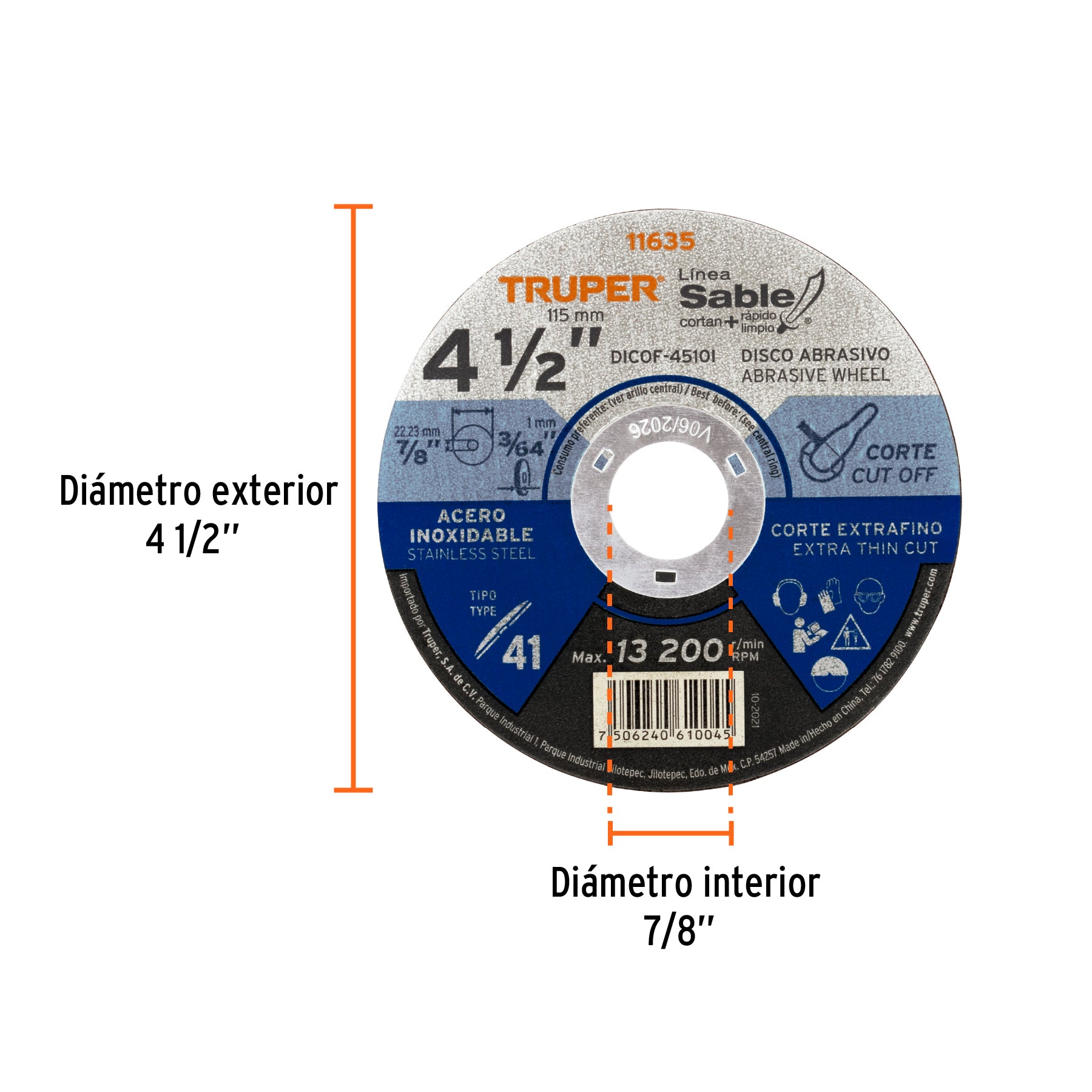 Disco Tipo 41 de 4-1/2" x 1 mm corte fino acero inox, Sable Truper - 11635