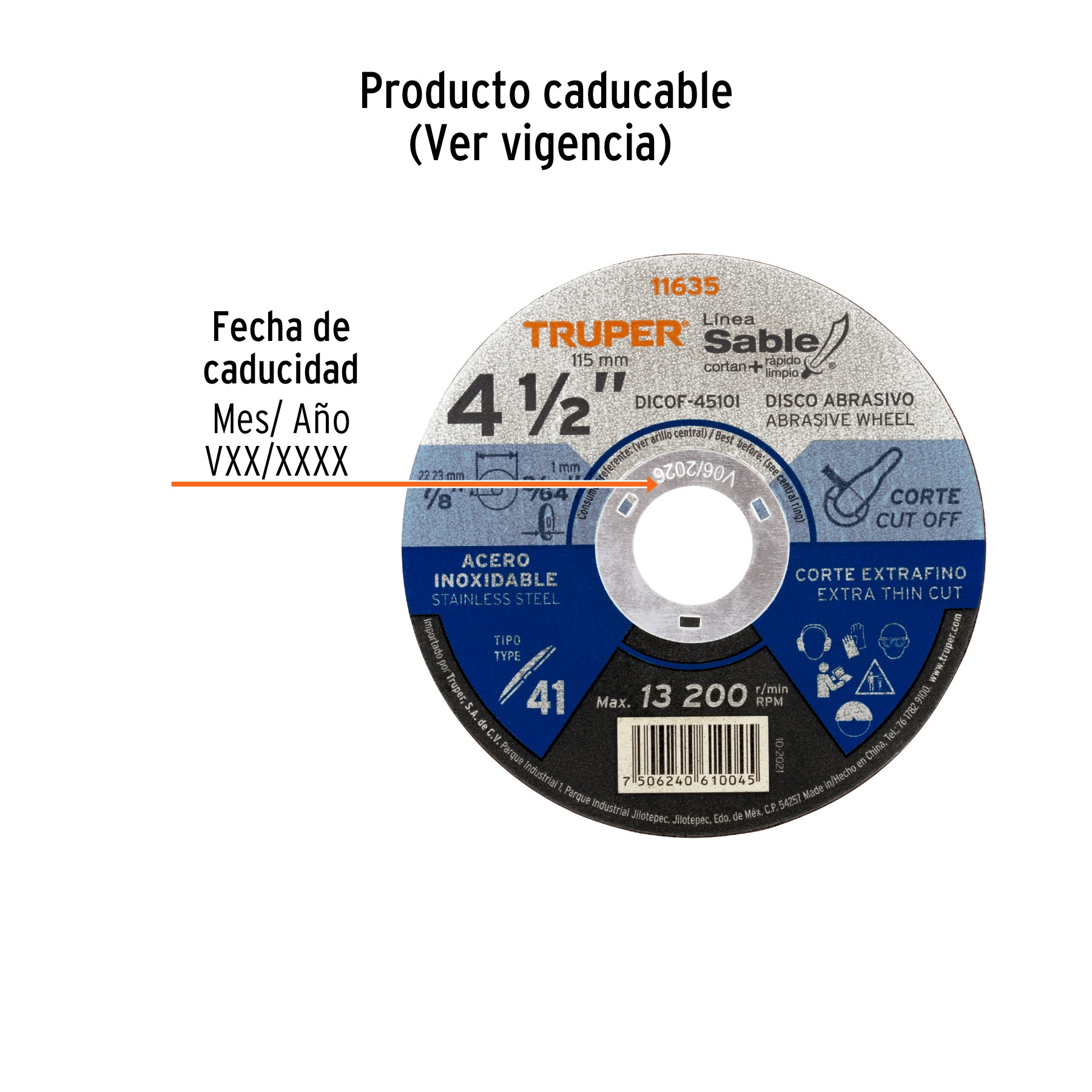 Disco Tipo 41 de 4-1/2" x 1 mm corte fino acero inox, Sable Truper - 11635