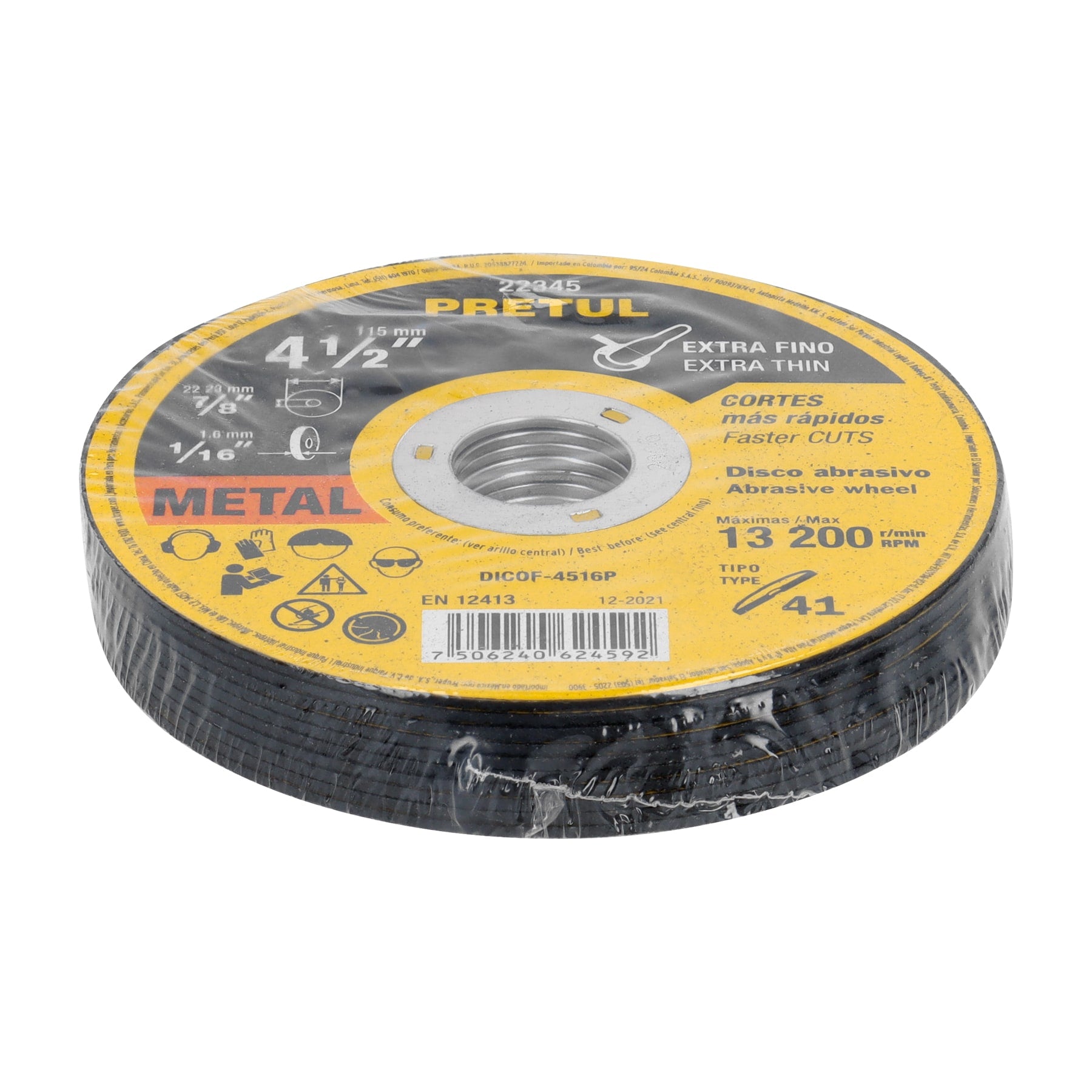 Pack de 20 und Disco Tipo 41 de 4-1/2" x 1.6 mm corte fino de metal, Pretul - 22345 / 20 und