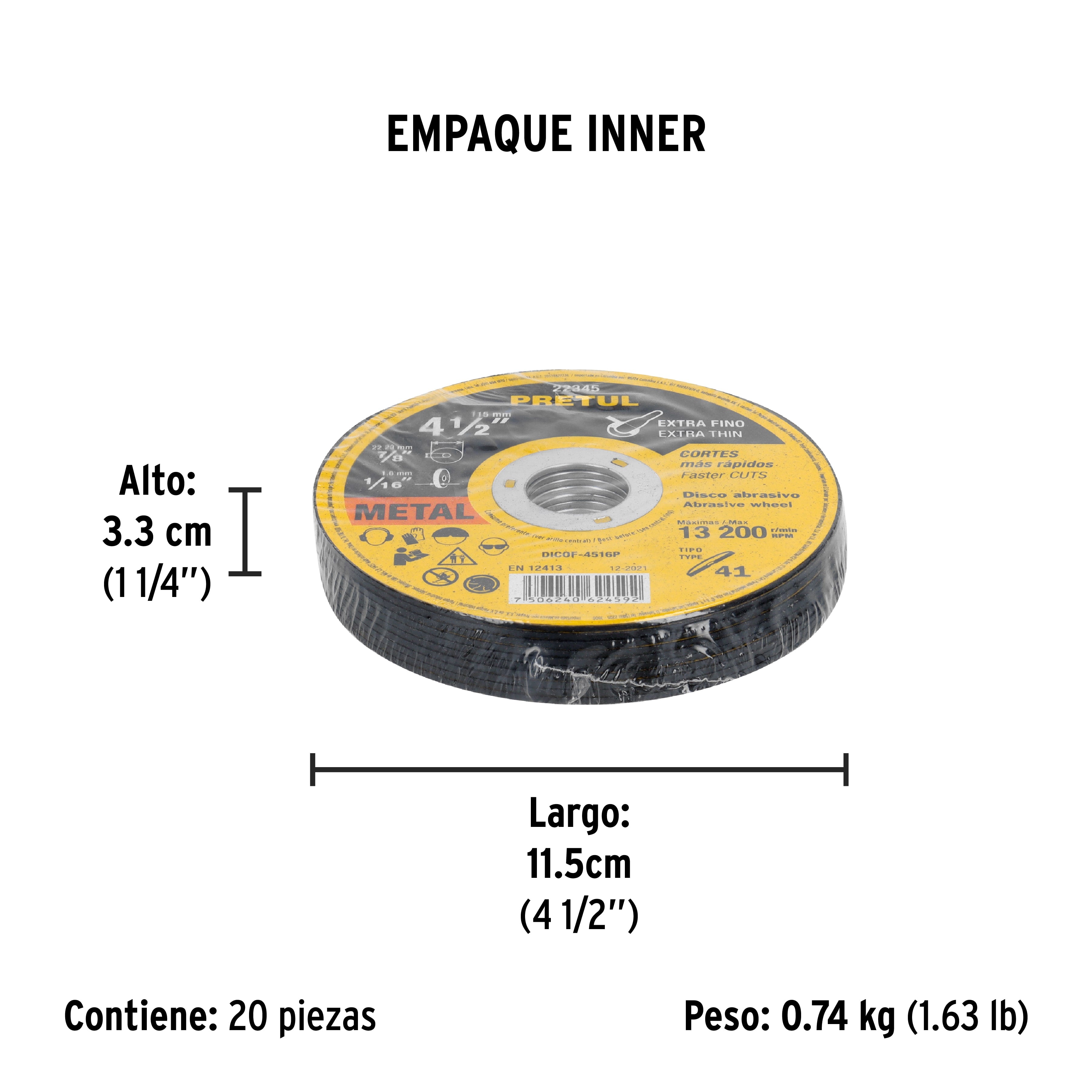 Pack de 20 und Disco Tipo 41 de 4-1/2" x 1.6 mm corte fino de metal, Pretul - 22345 / 20 und