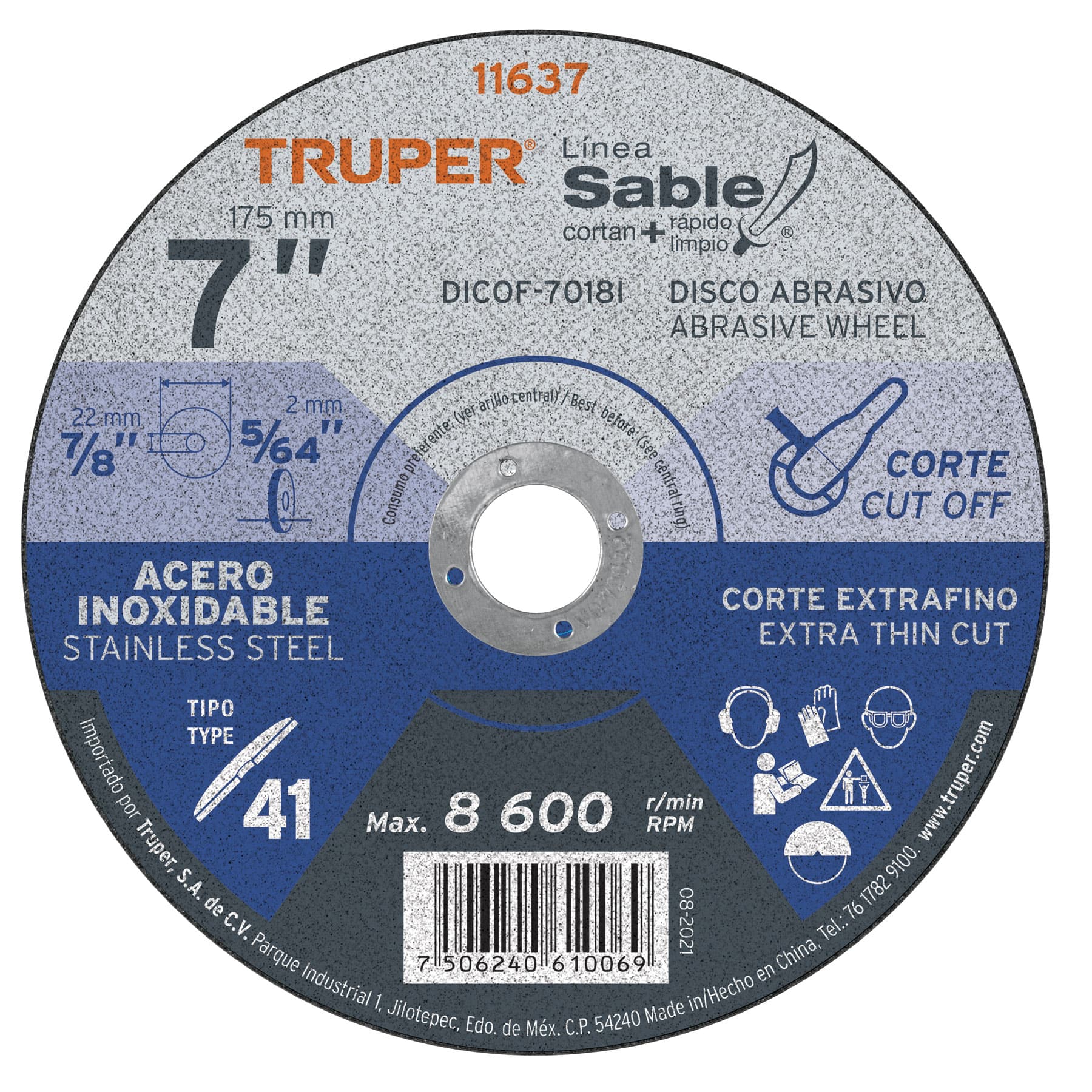 Disco Tipo 41 de 7" x 1.8 mm corte fino acero inox, Sable Truper - 11637