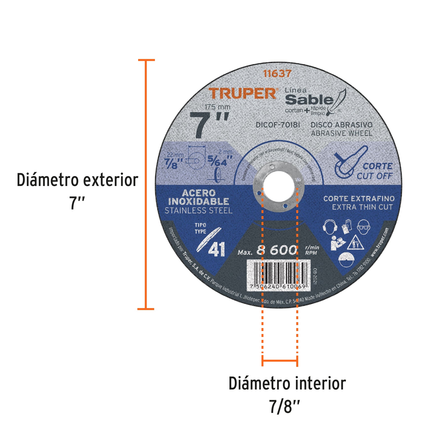 Disco Tipo 41 de 7" x 1.8 mm corte fino acero inox, Sable Truper - 11637