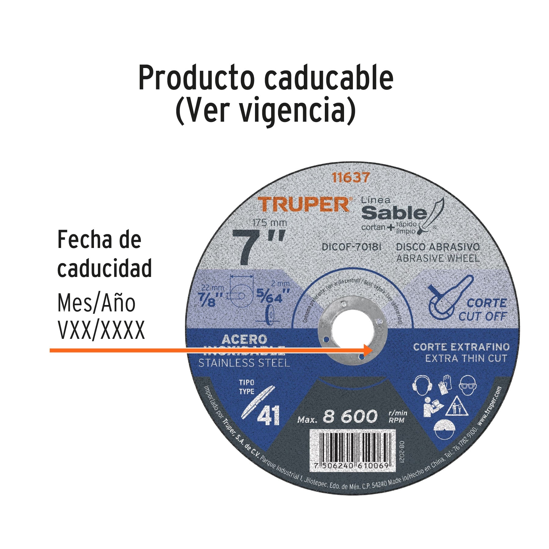 Disco Tipo 41 de 7" x 1.8 mm corte fino acero inox, Sable Truper - 11637