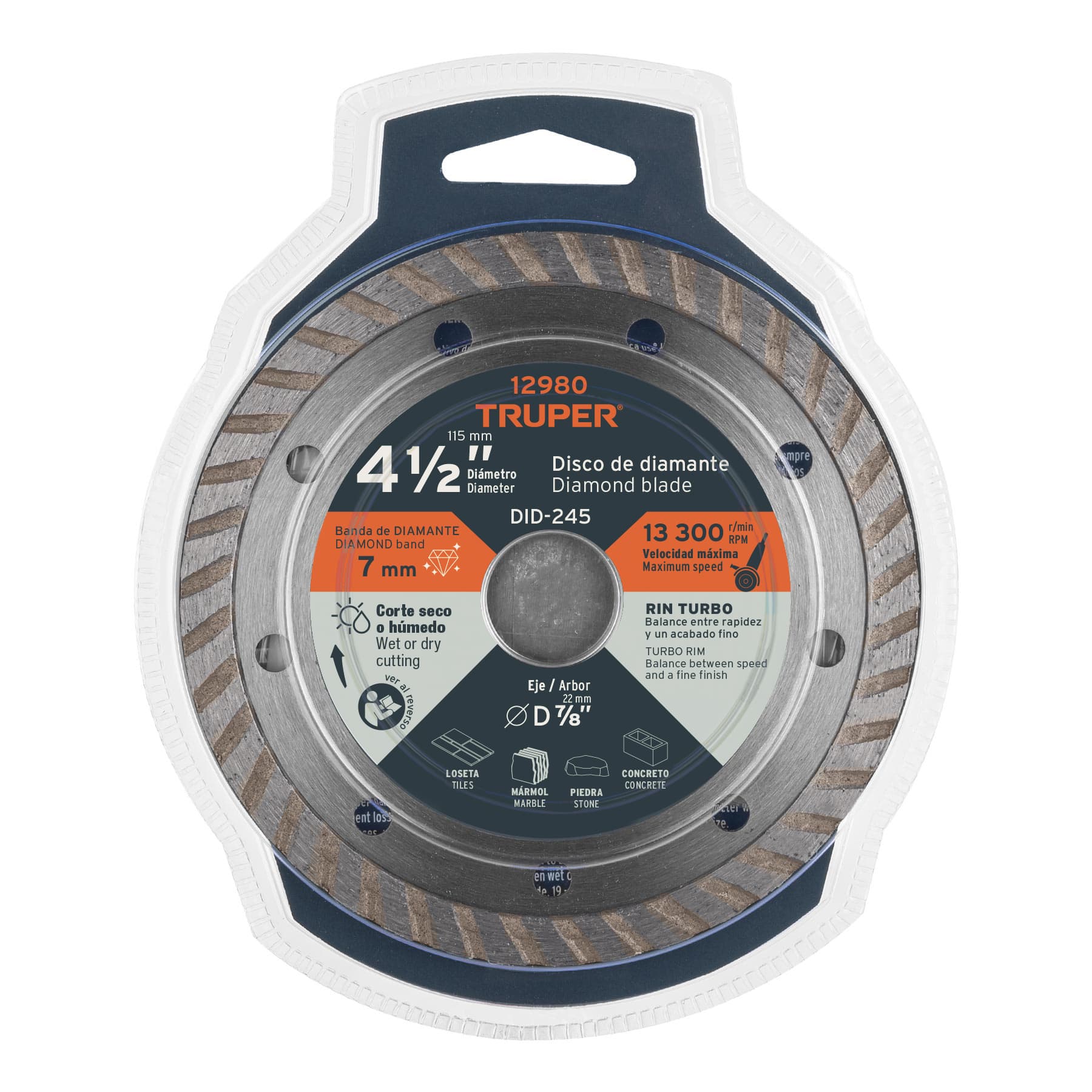 Disco diamantado de 4-1/2" x 2.2 mm rin turbo, Truper - 12980