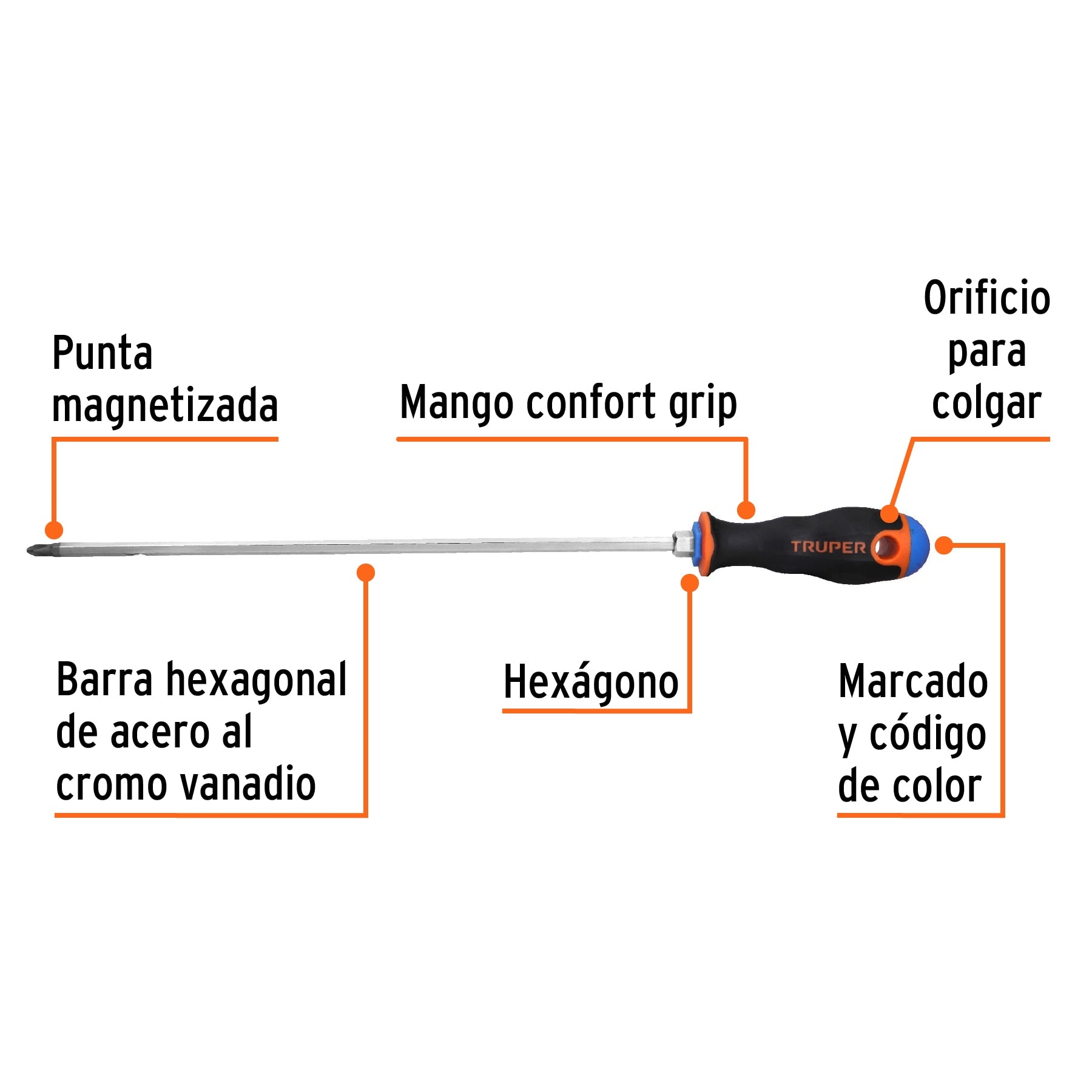 Desarmador de cruz 1/4" x 12" mango Comfort Grip, Truper cod 100838