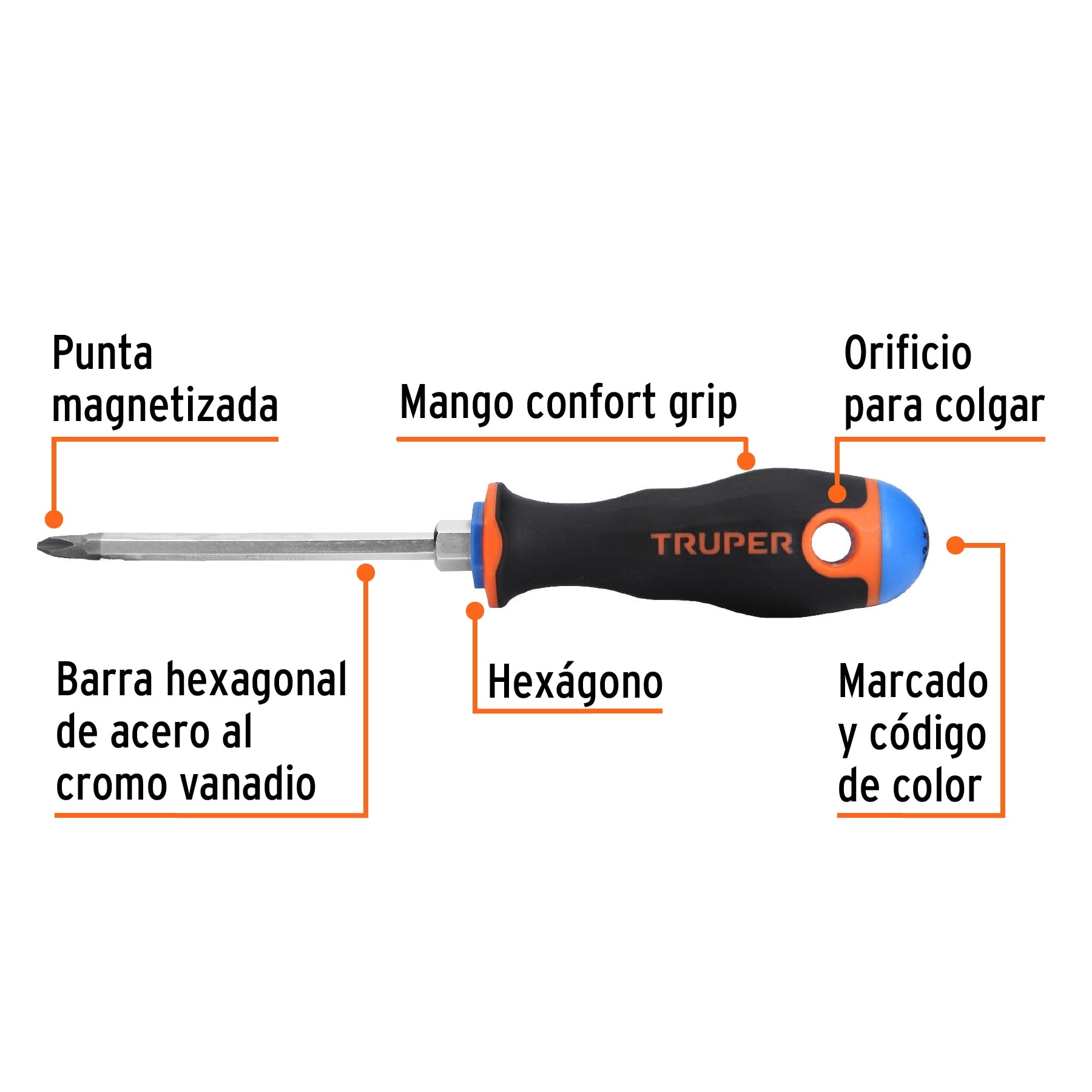Desarmador de cruz 1/4" x 4" mango Comfort Grip, Truper - 14076