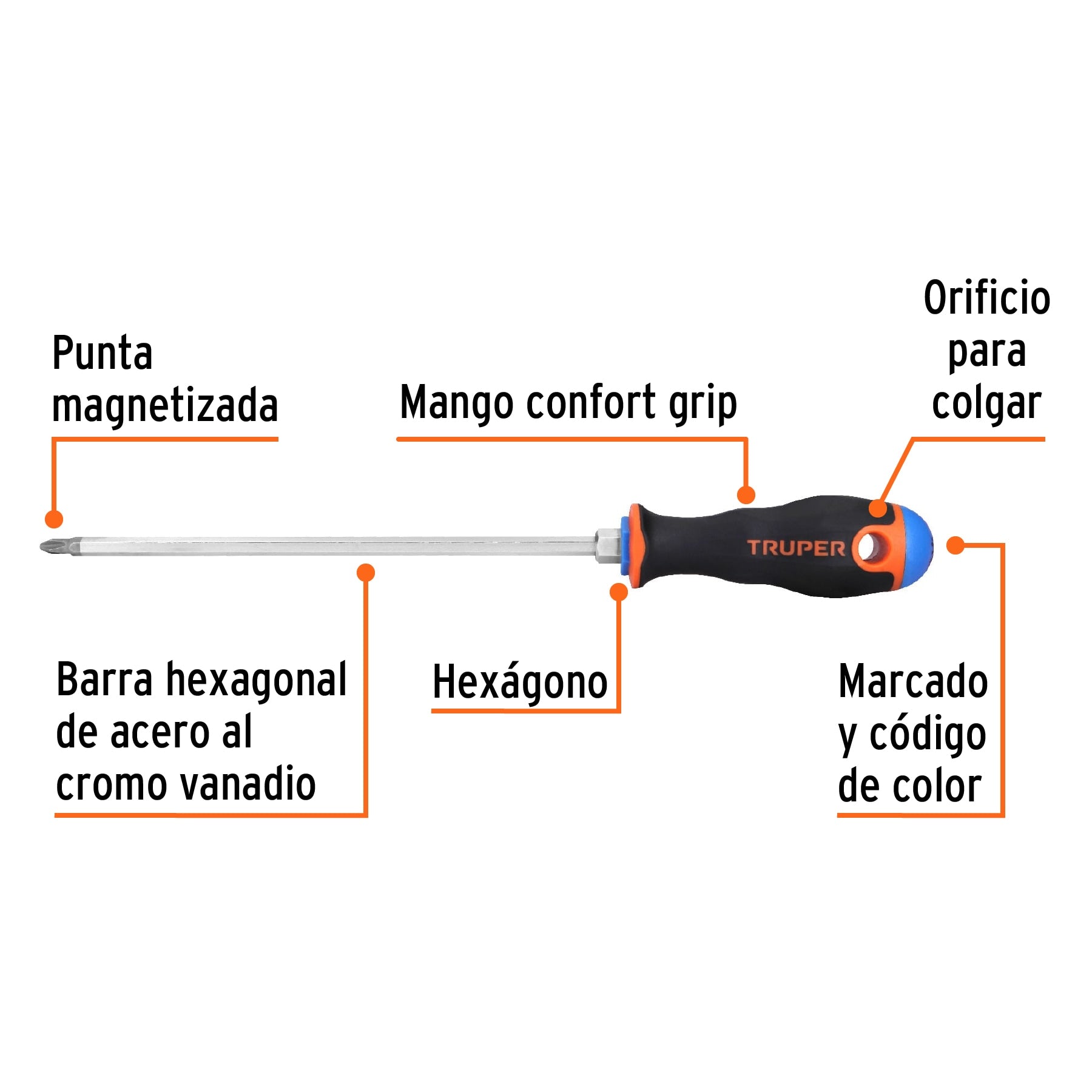 Desarmador de cruz 1/4" x 8" mango Comfort Grip, Truper - 14082