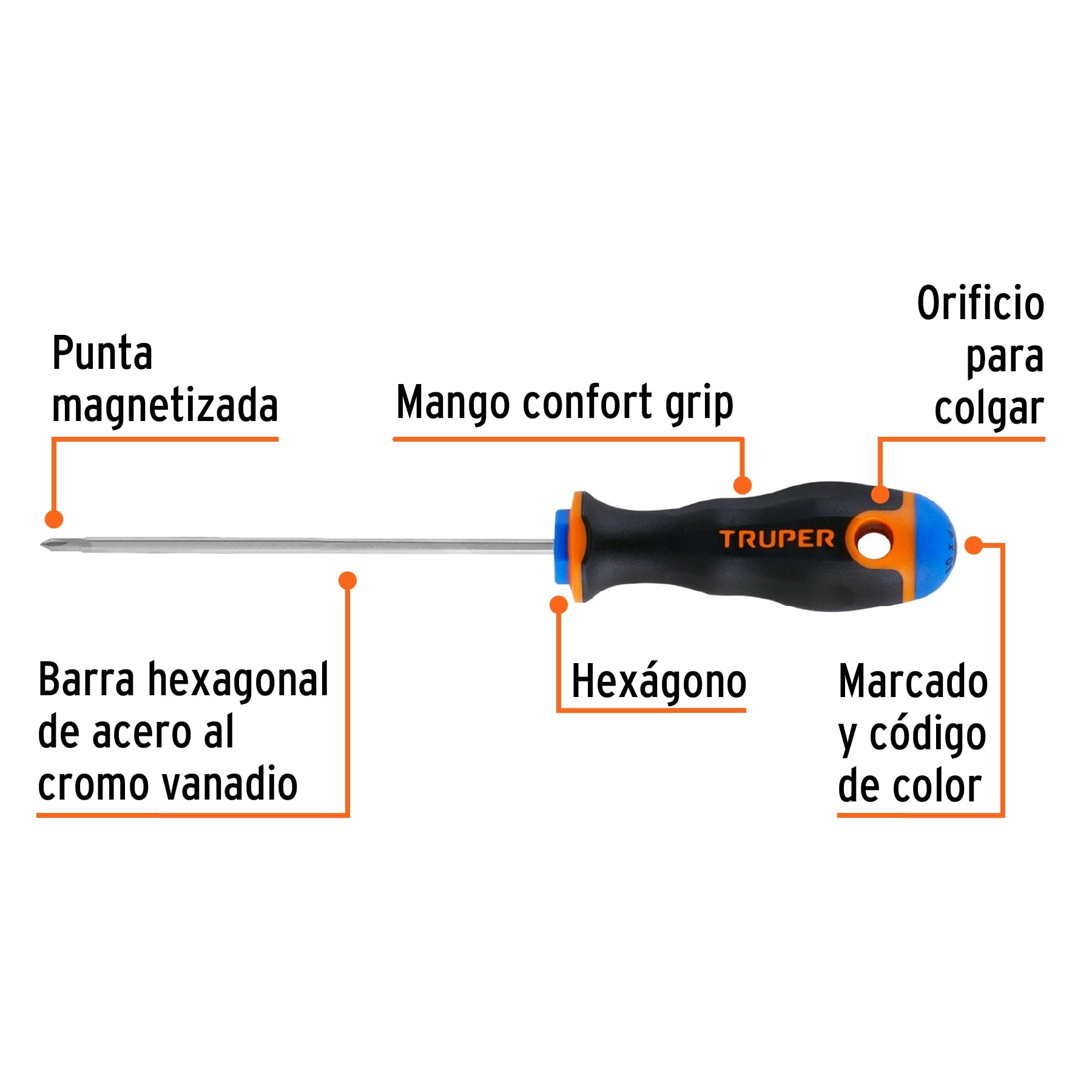 Desarmador de cruz 1/8" x 4" mango Comfort Grip, Truper - 14055