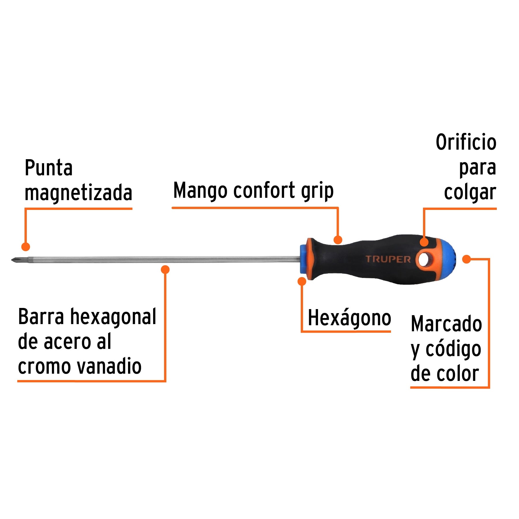 Desarmador de cruz 1/8" x 6" mango Comfort Grip, Truper - 14058