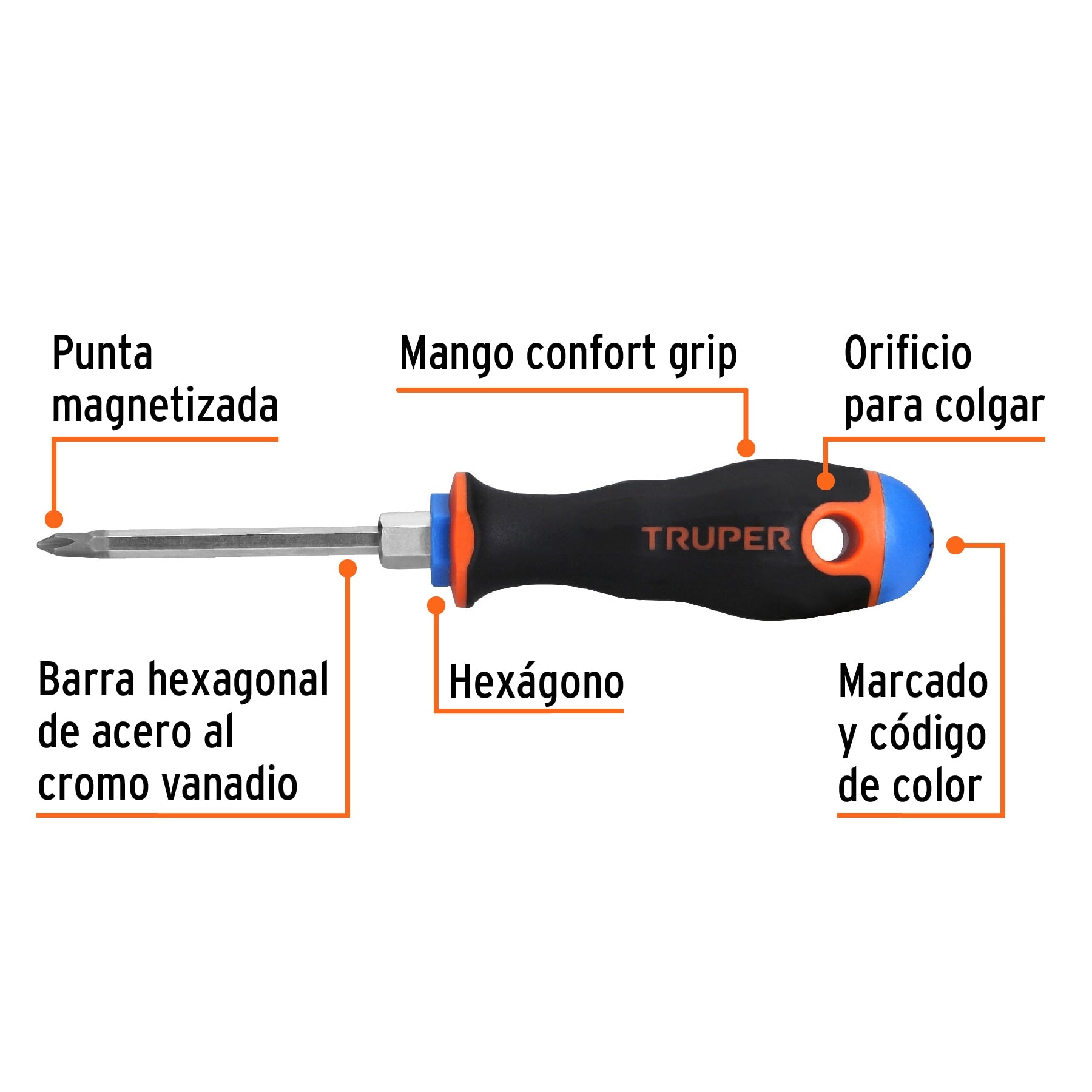 Desarmador de cruz 3/16" x 3" mango Comfort Grip, Truper - 14064